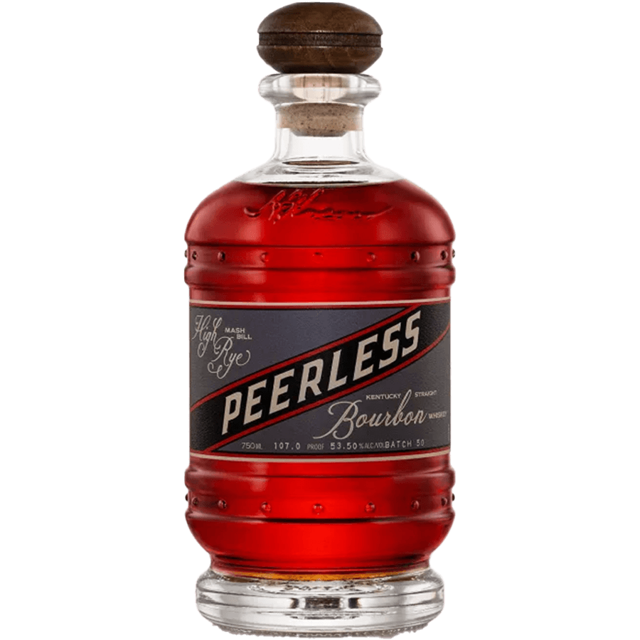 Peerless High Rye Bourbon Whiskey bottle highlighting its rich amber color and distinctive label design.