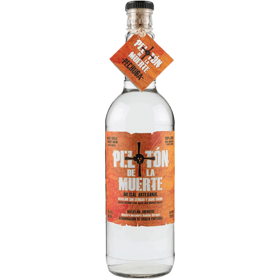Peloton de la Muerte Pechuga Mezcal bottle with vibrant label and hanging tag, showcasing artisanal craftsmanship.