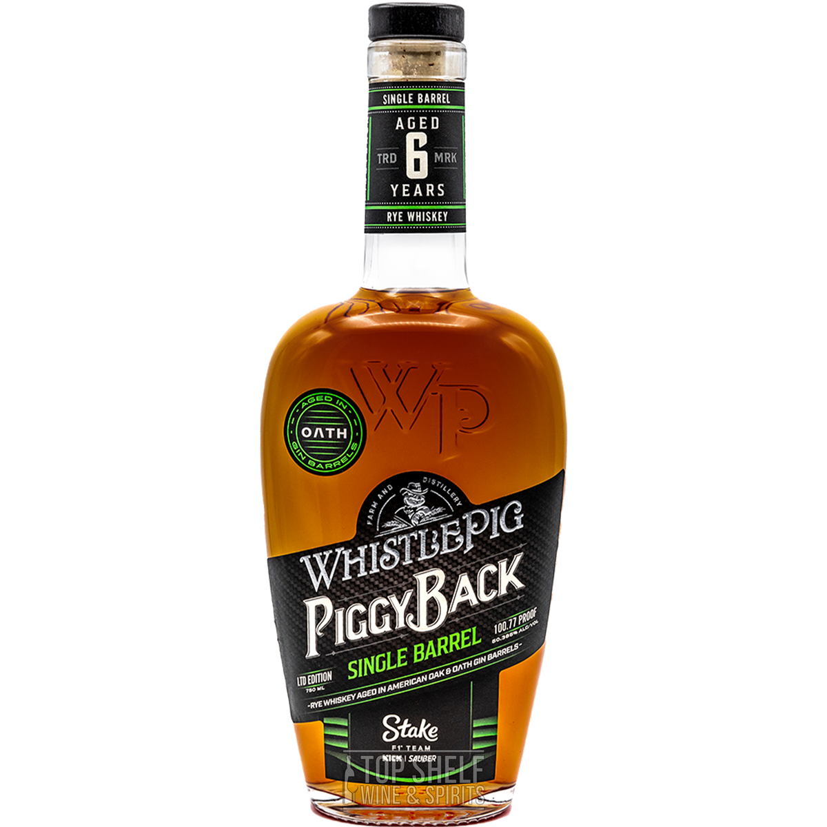 Whistlepig PiggyBack Single Barrel Rye Whiskey bottle, aged 6 years, limited edition Stake F1 Team Kick Sauber.
