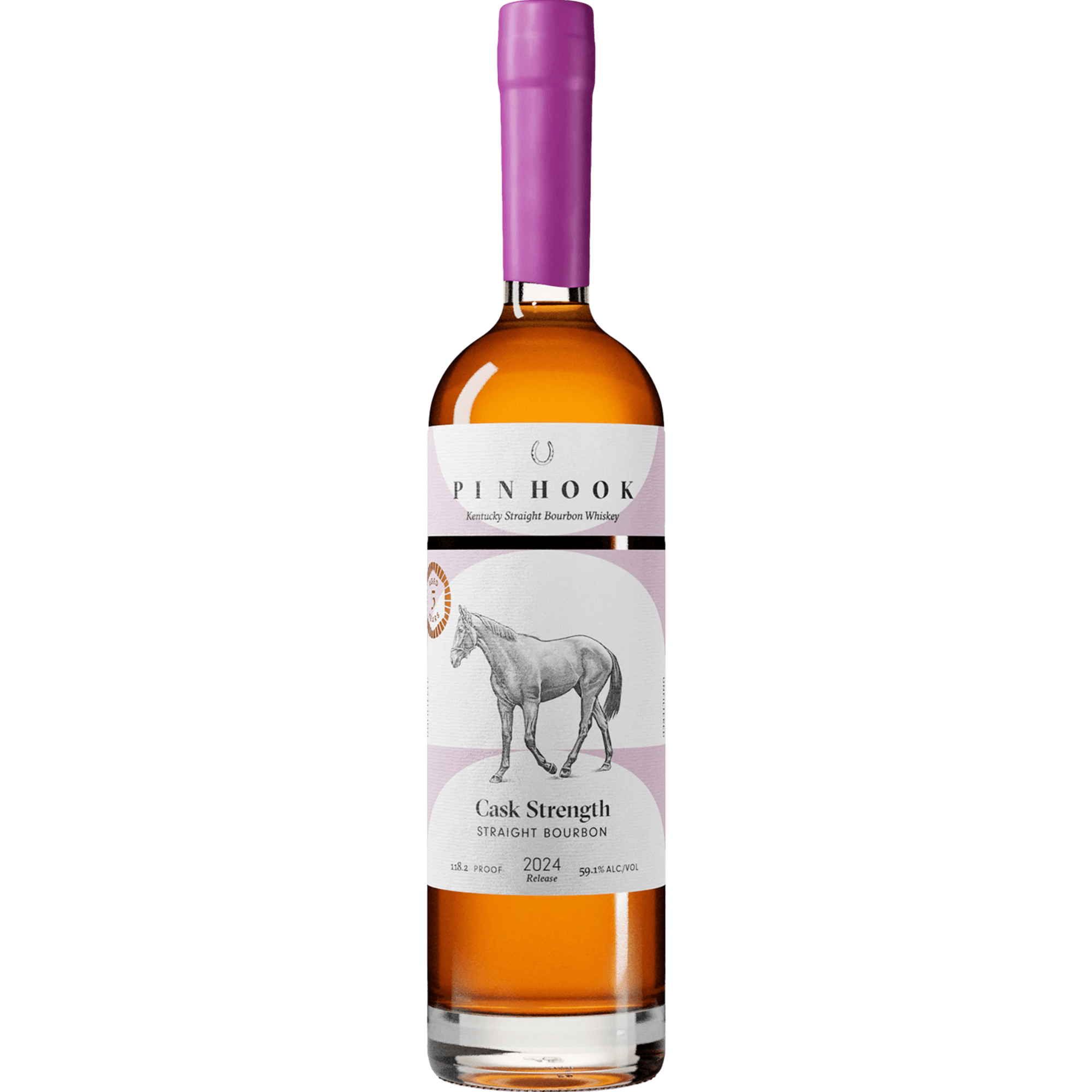 Pinhook Cask Strength 2024 5 Year Straight Bourbon bottle showcasing smooth amber color and elegant design.
