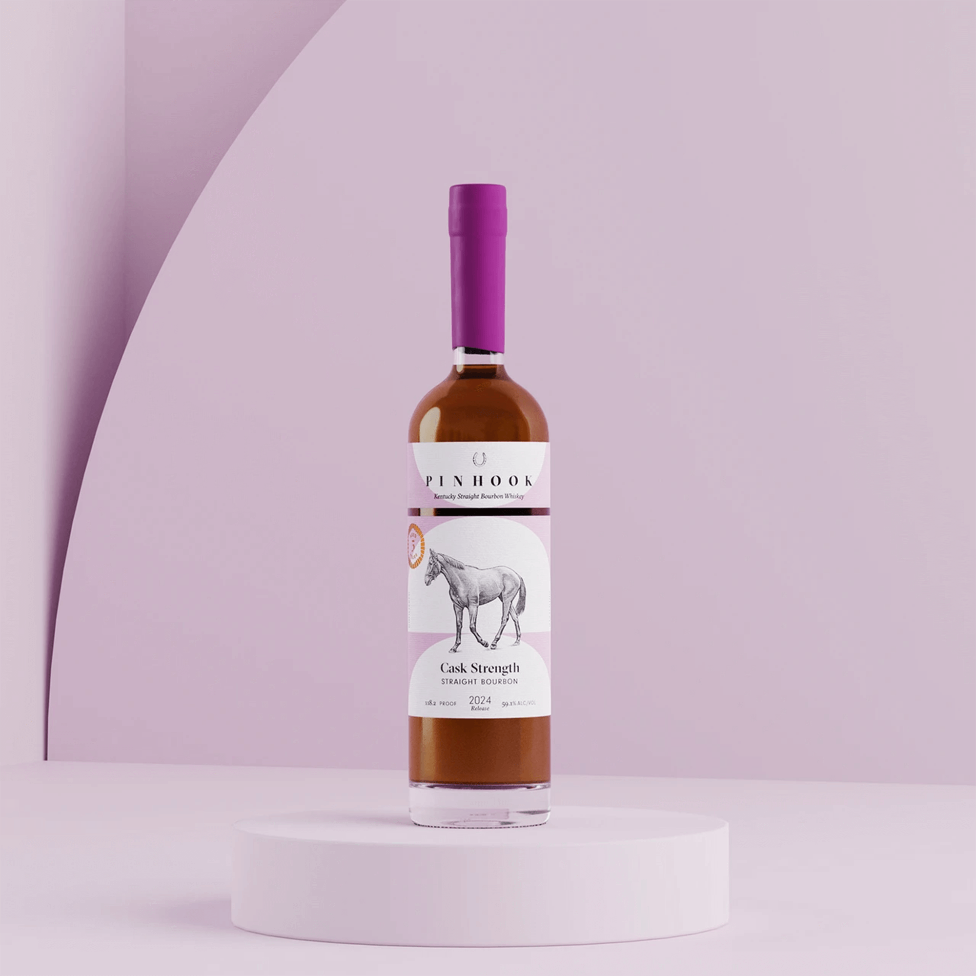 Pinhook Cask Strength 2024 Straight Bourbon bottle display on a minimalistic pedestal, showcasing its elegant design.