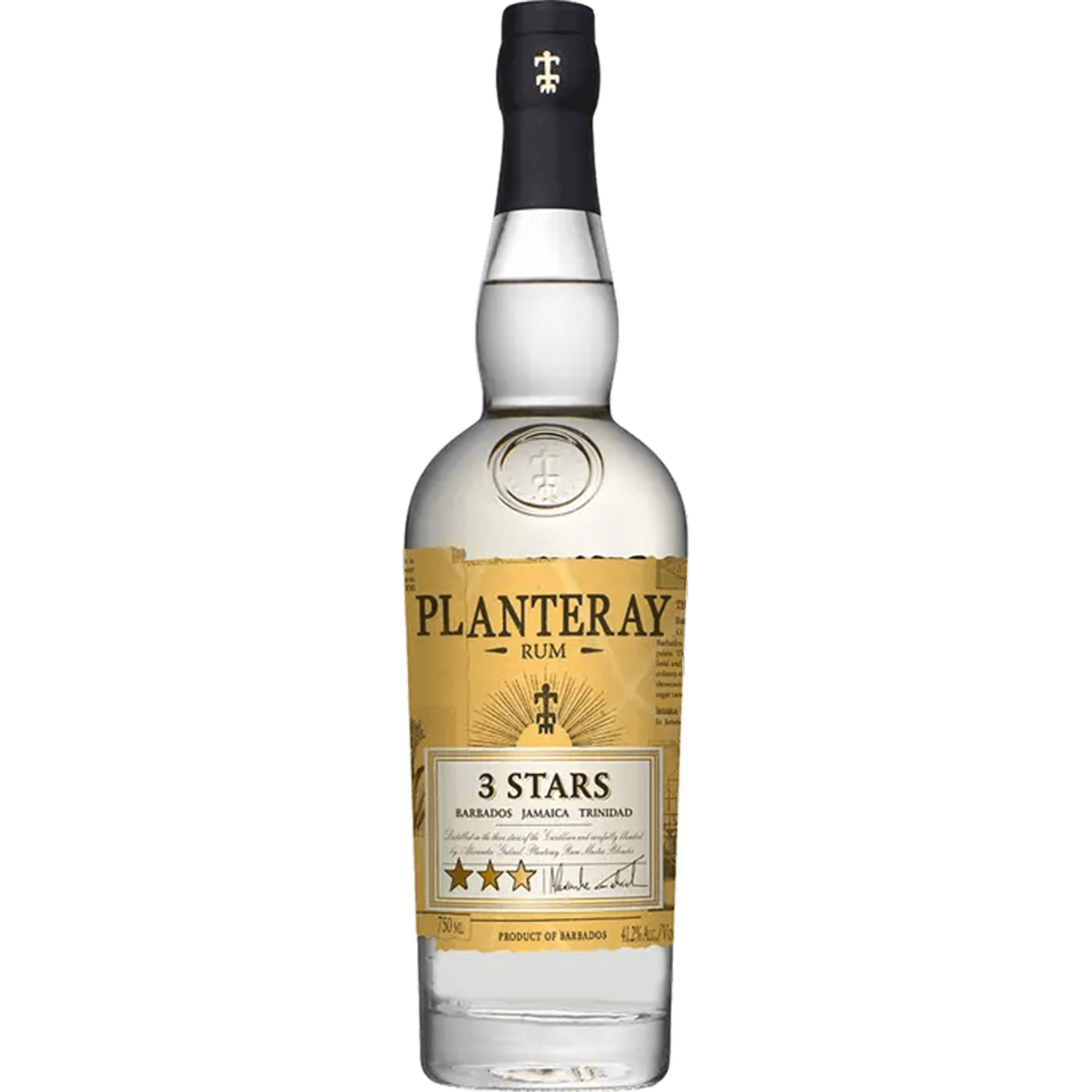 Planteray 3 Stars White Rum bottle showcasing premium Caribbean blend from Barbados, Jamaica, and Trinidad.
