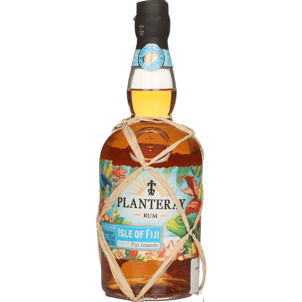 Planteray Double Barrel Isle of Fiji Rum bottle featuring vibrant tropical design and traditional packaging.