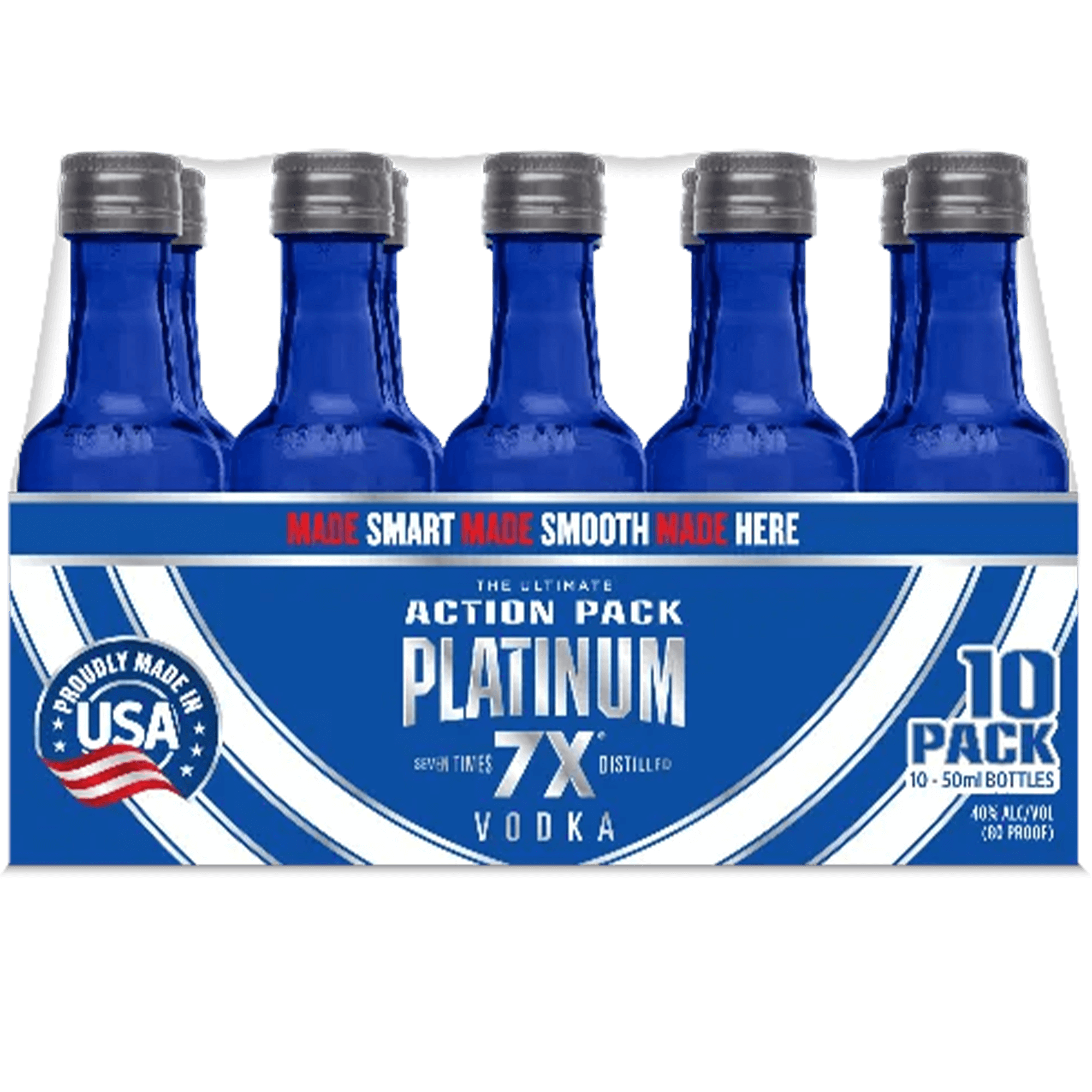 Platinum 7x Vodka 10 pack, blue chiseled bottles, distilled seven times for ultimate smoothness.