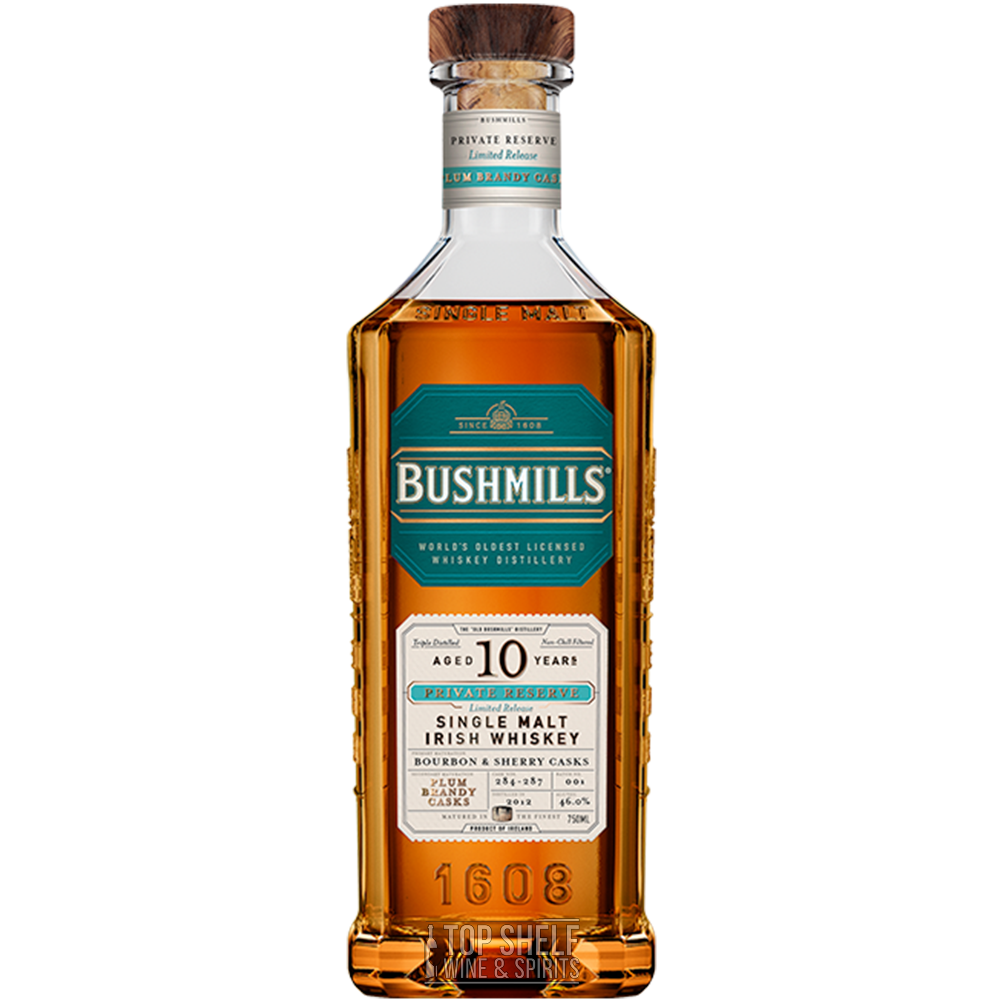 Bushmills Plum Brandy Cask 10 Year Private Reserve Whiskey bottle, showcasing Irish single malt aged in bourbon and sherry casks.