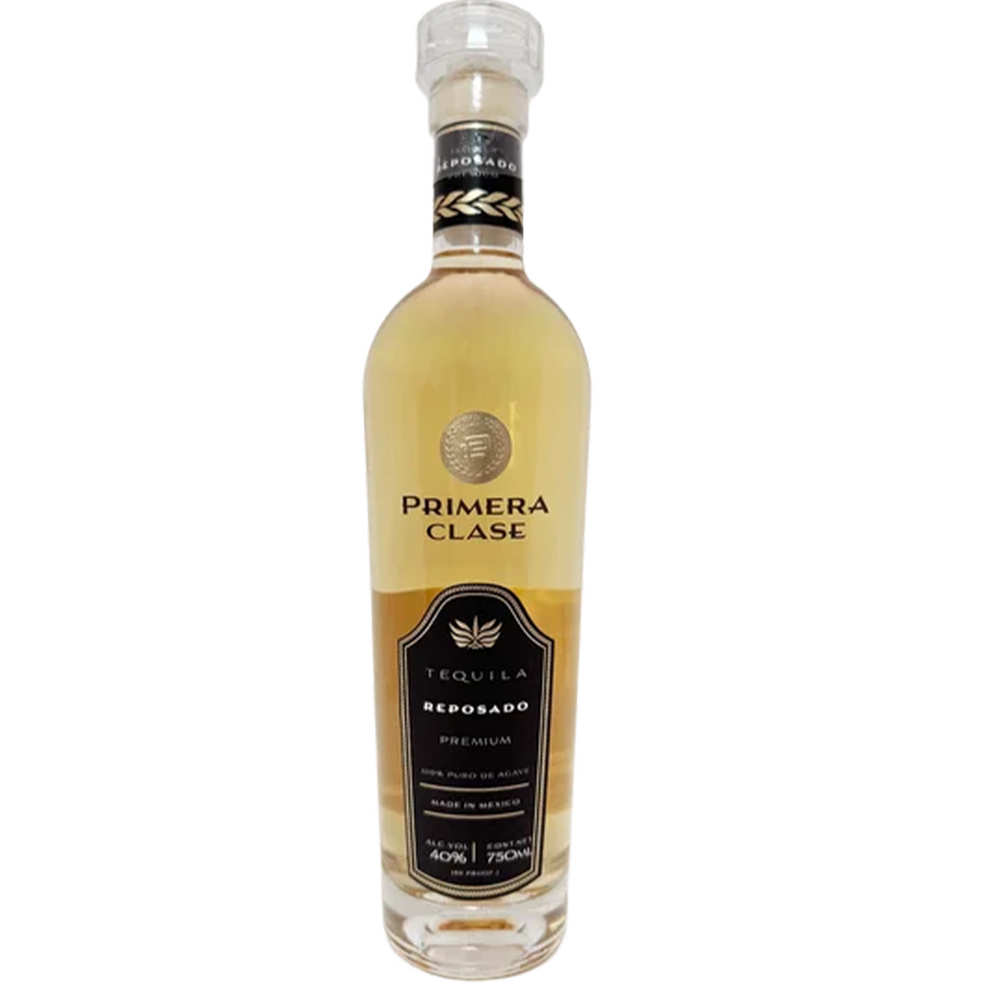 Bottle of Primera Clase Reposado Tequila, showcasing its golden color and premium craftsmanship.