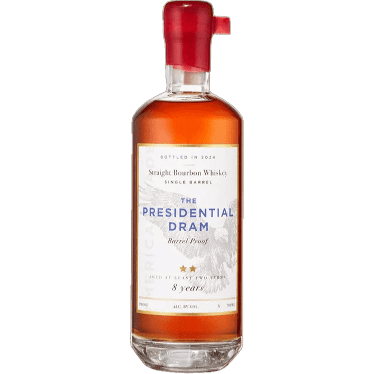 Proof & Wood The Presidential Dram 8 Year Bourbon 700ml bottle with red cap and white label.
