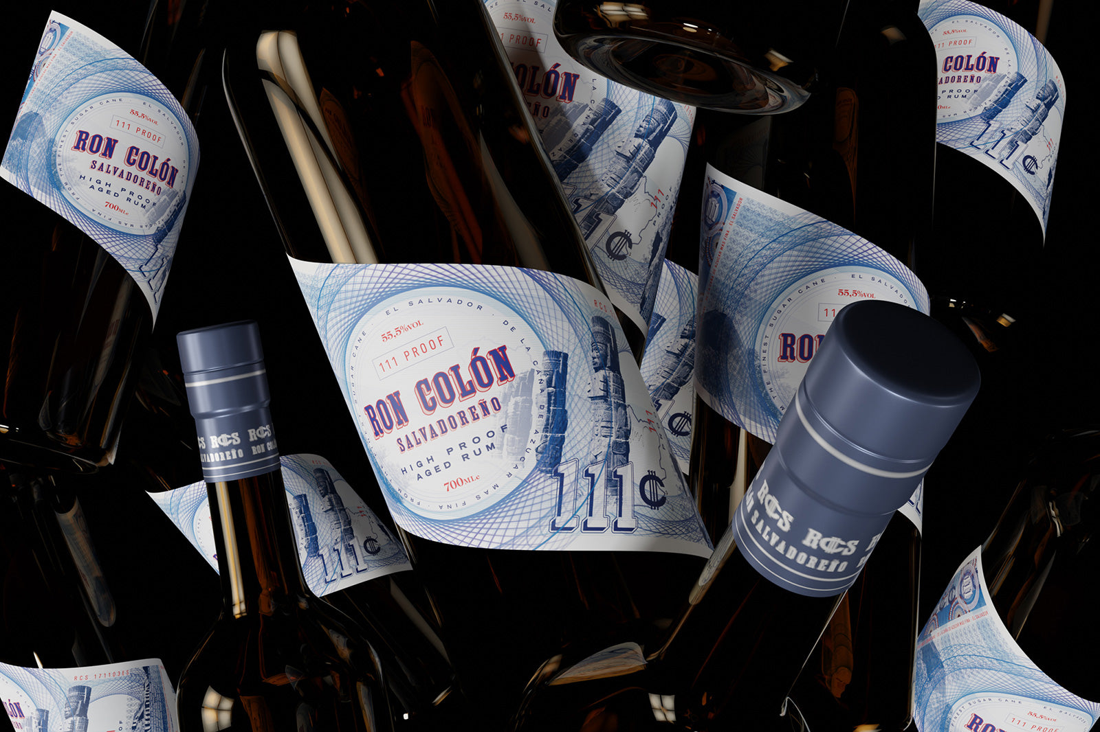 Ron Colón Salvadoreño High Proof 111 Rum bottles with distinctive labels on a dark background.