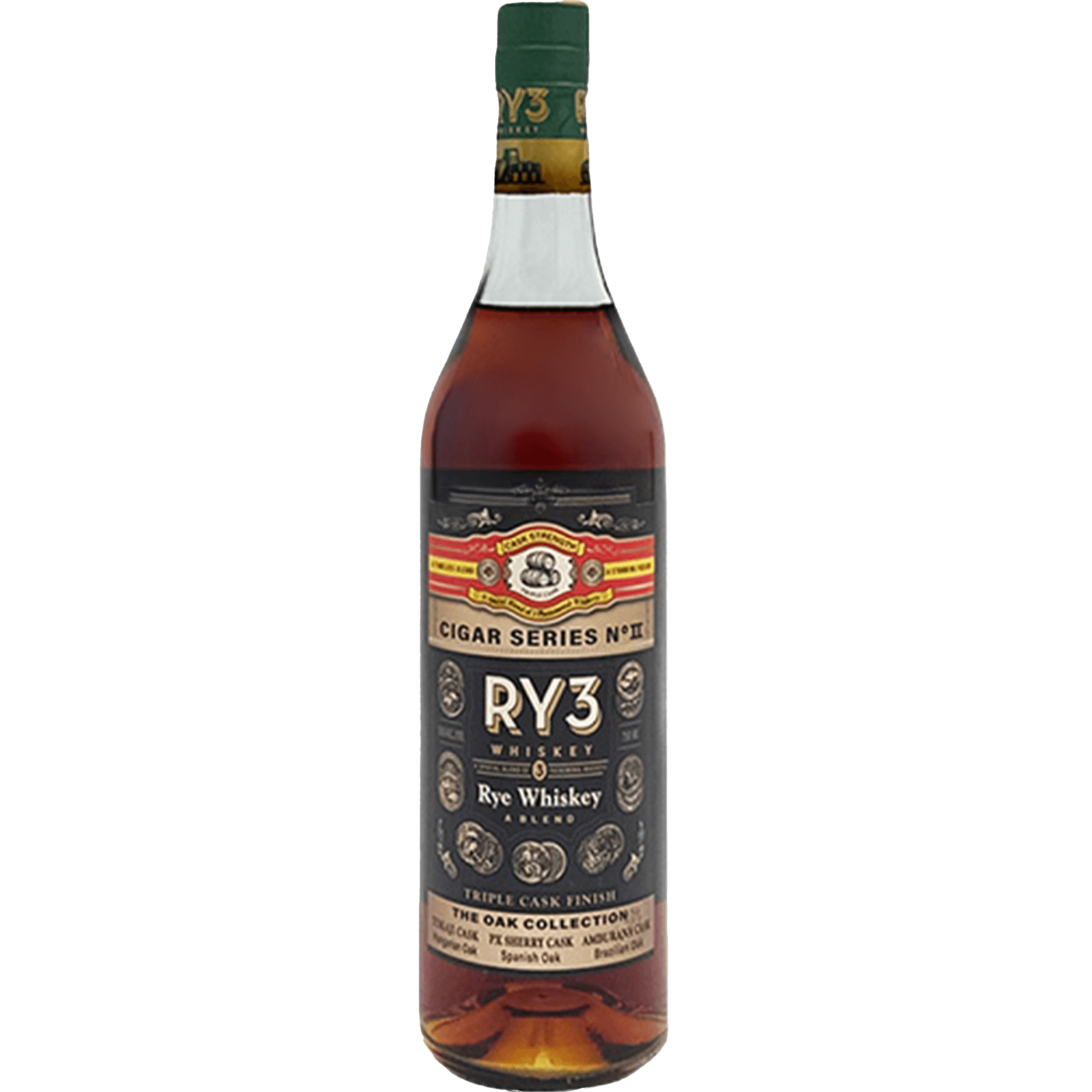 RY3 Cigar Series No. II The Oak Collection Rye Whiskey bottle with unique label and rich amber color.