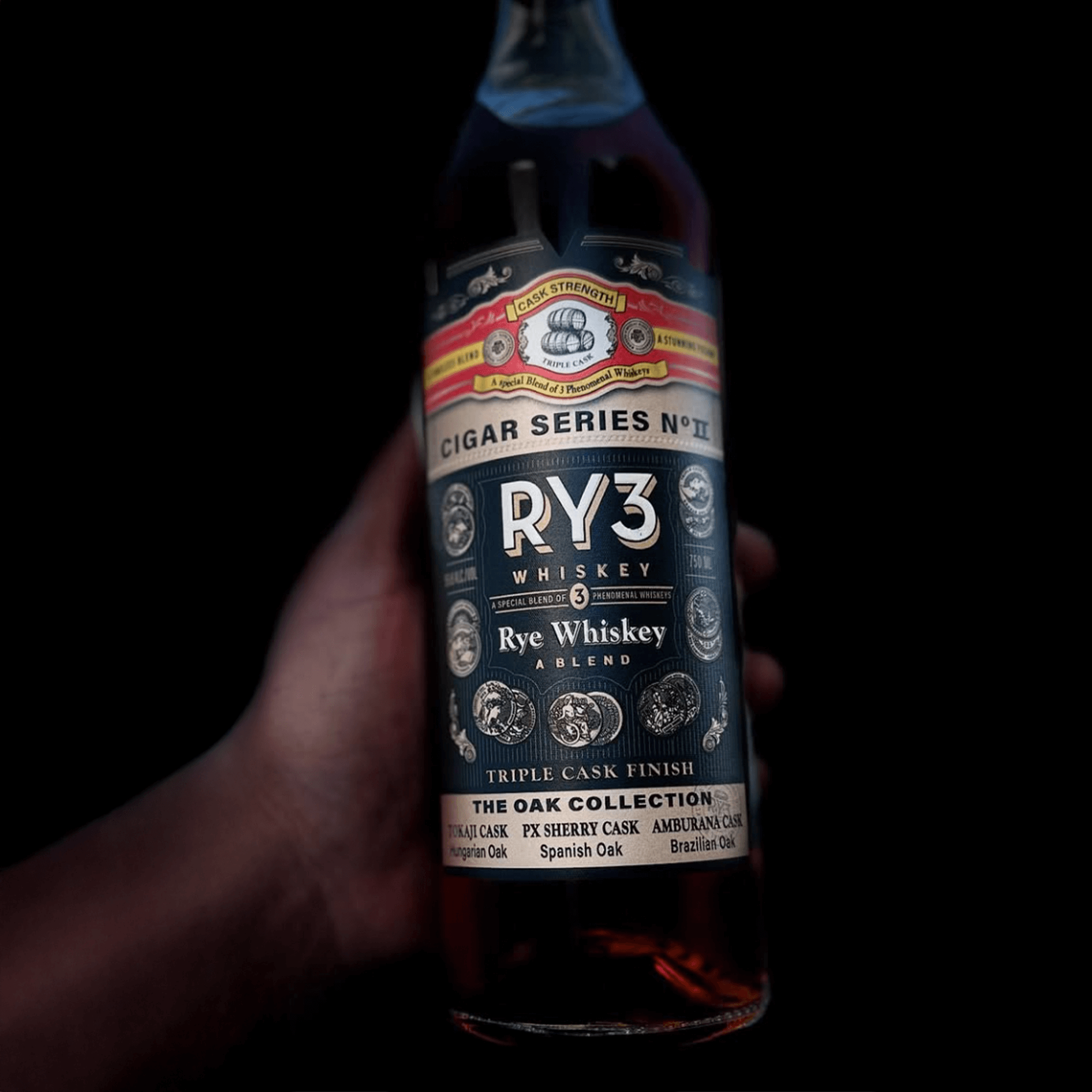 RY3 Cigar Series No. II The Oak Collection Rye Whiskey bottle showcasing triple cask finish and rich details.