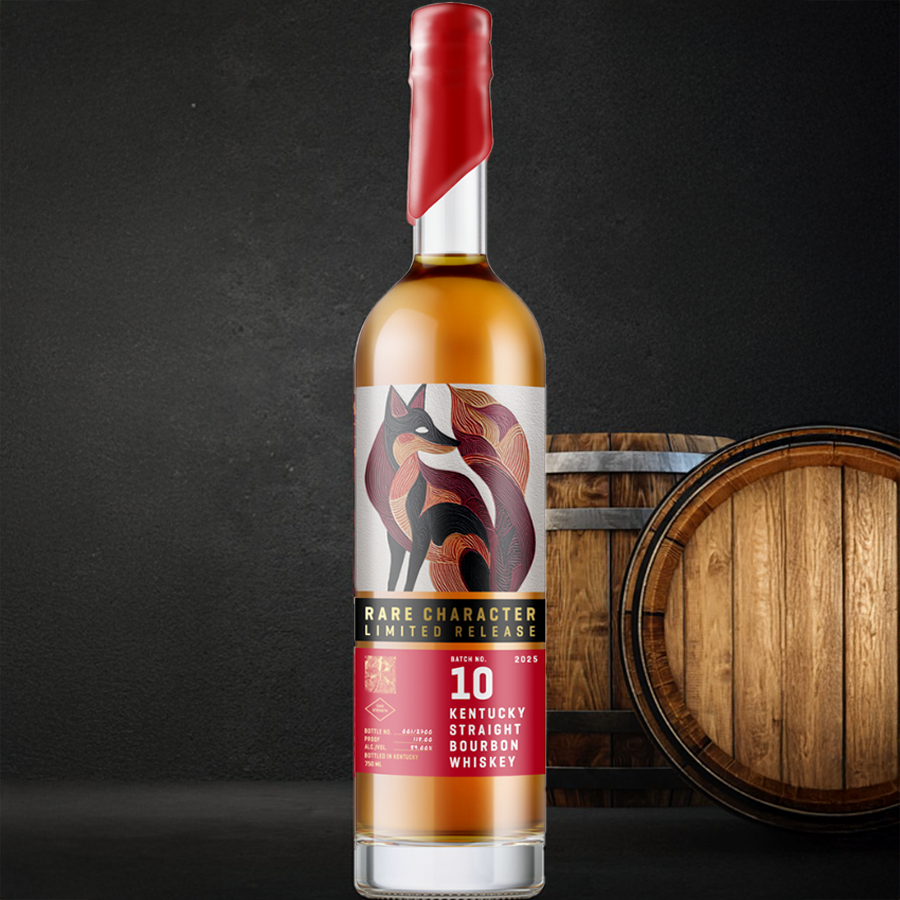 Rare Character Kentucky Straight Bourbon Batch No. 10 bottle with artistic label and barrels in the background.