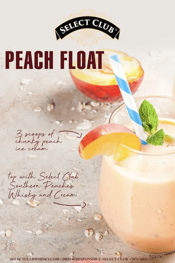 Peach float featuring three scoops of peach ice cream topped with Select Club Southern Peaches Whisky and Cream.