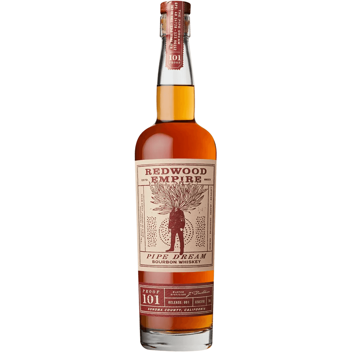 Bottle of Redwood Empire Pipe Dream Bourbon Whiskey, 101 proof, showcasing rich amber hues and unique label design.