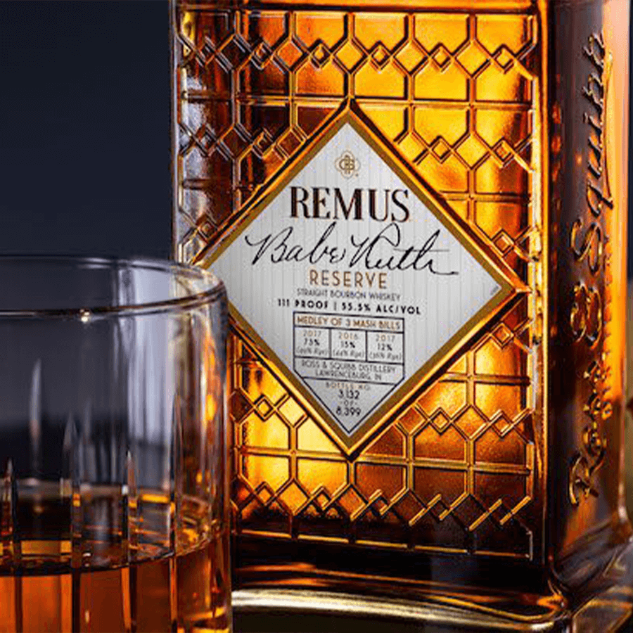 Remus Babe Ruth Reserve Straight Bourbon Whiskey bottle with glass, aged 8-9 years, 111 proof, collector's edition.