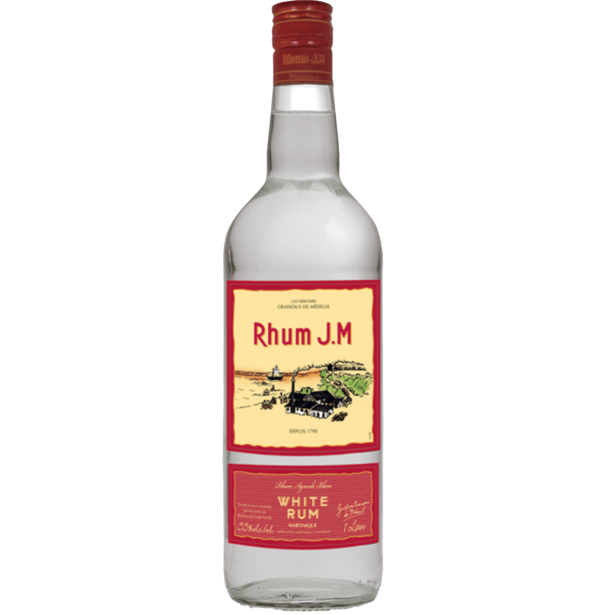 Rhum J.M Agricole Blanc 110 Proof 1L bottle featuring fresh aromas of lime and honey.