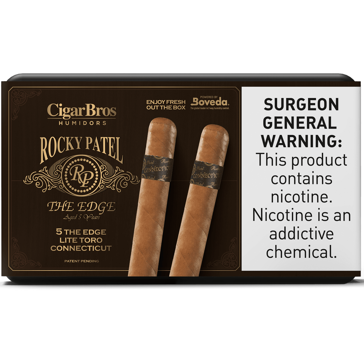 Rocky Patel Edge Lite Toro Connecticut cigars in a box, featuring bold flavor and expert craftsmanship.