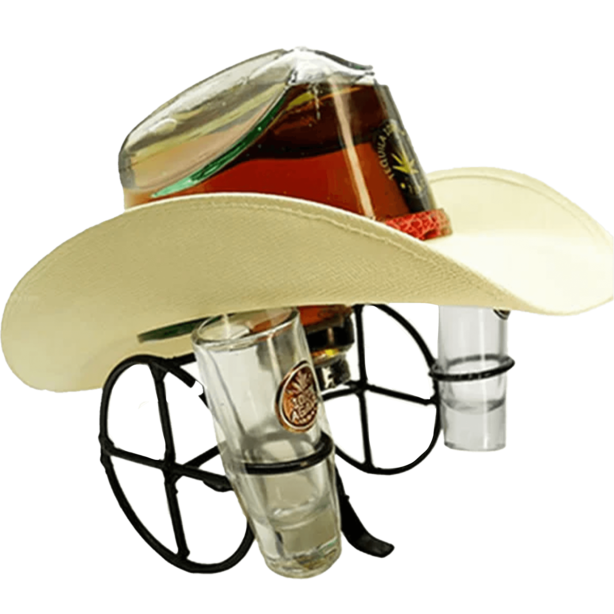 Rodeo Hat Gold Tequila 1L in a stylish cowboy hat holder with shot glasses, perfect for celebrations.