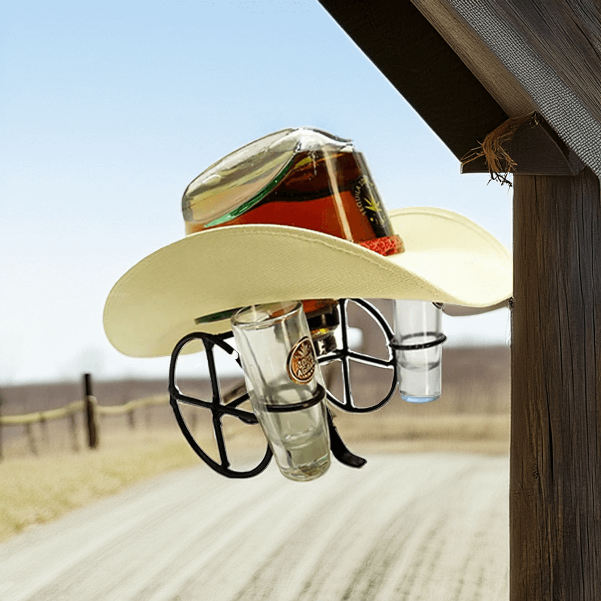 Rodeo Hat Gold Tequila 1L bottle and shot glasses displayed on a cowboy hat, perfect for celebrations and cocktails.