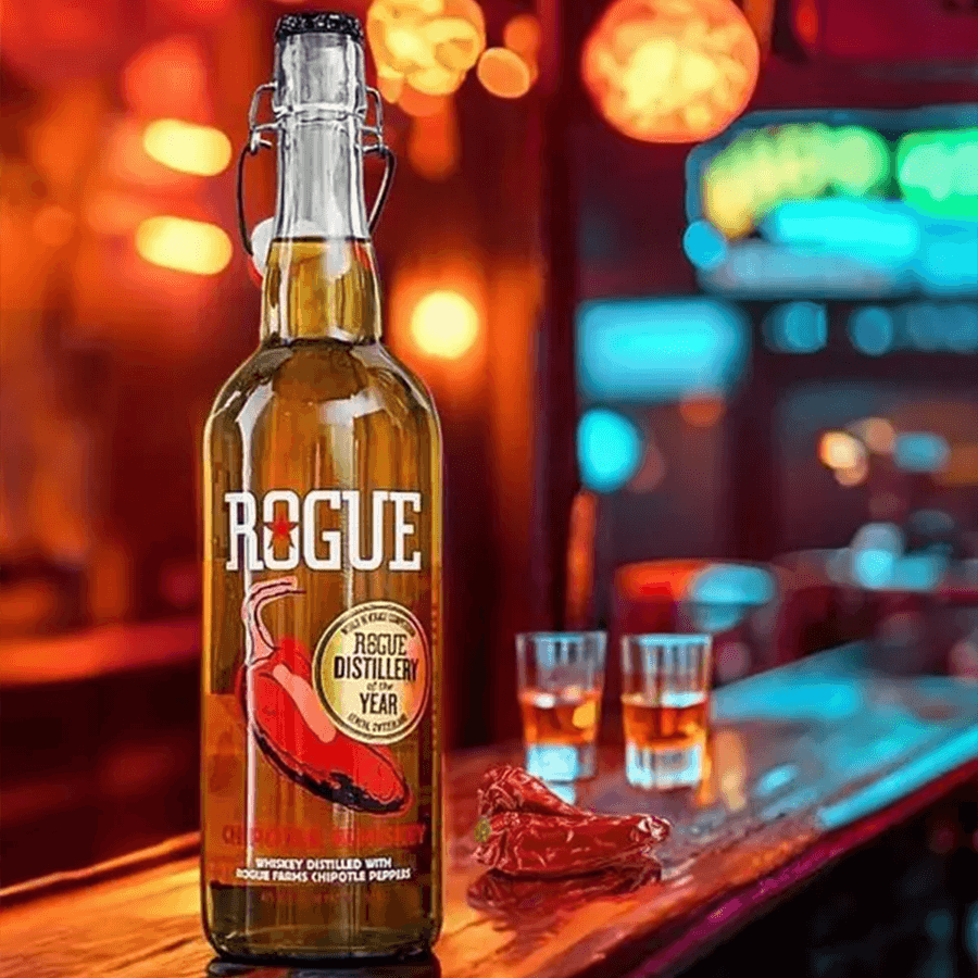 Rogue Chipotle Flavored Whiskey bottle on a bar with spicy jalapeño peppers and shot glasses in a vibrant setting.
