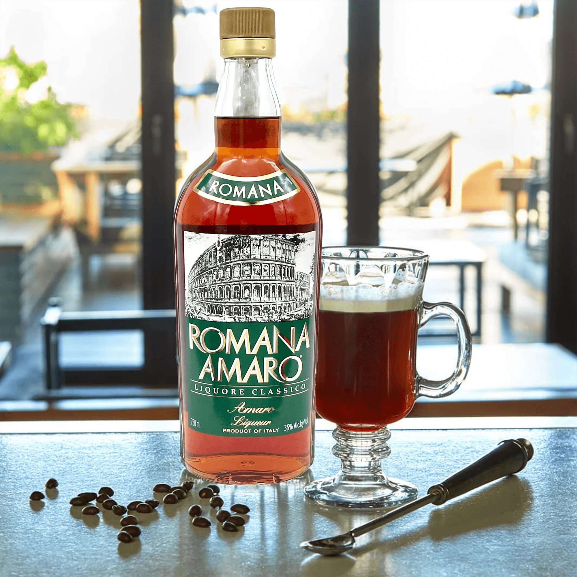 Romana Amaro bottle with glass of herbal liqueur, featuring rich herbs and spices for cocktails or digestifs.