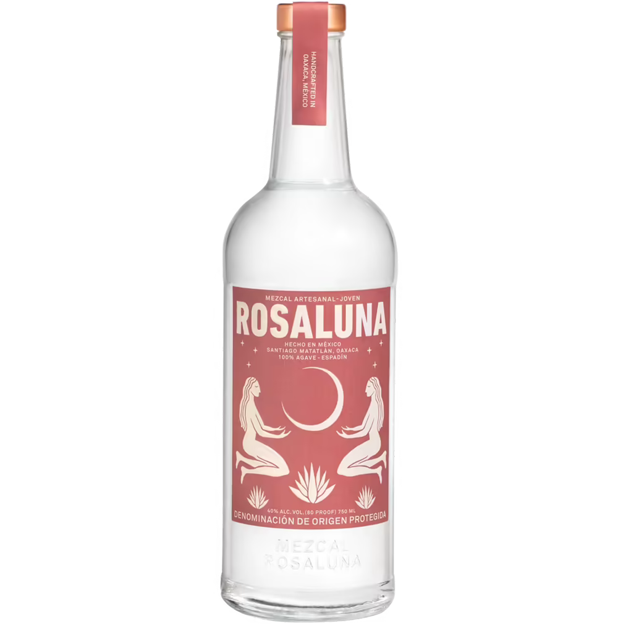 Rosaluna Joven Artesanal Mezcal bottle, 80 Proof, crafted with 8-year-old agave and a hint of agave smoke.