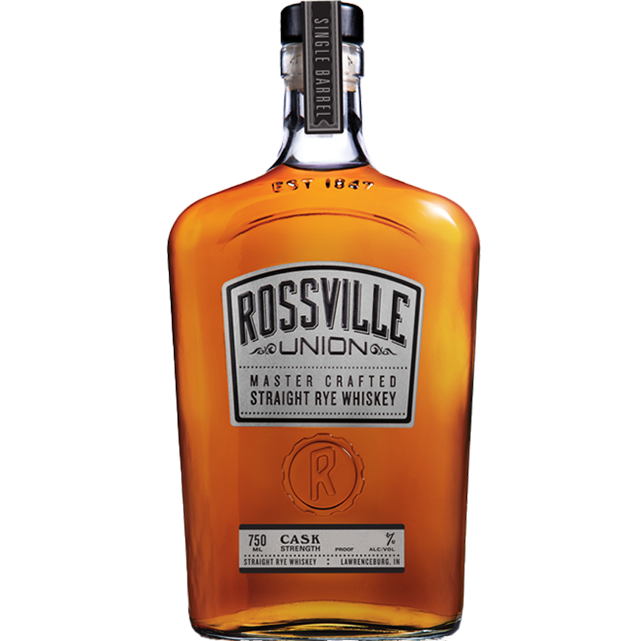 Rossville Union Whiskey bottle showcasing Cask Strength Single Barrel Rye with an amber hue and distinctive label.