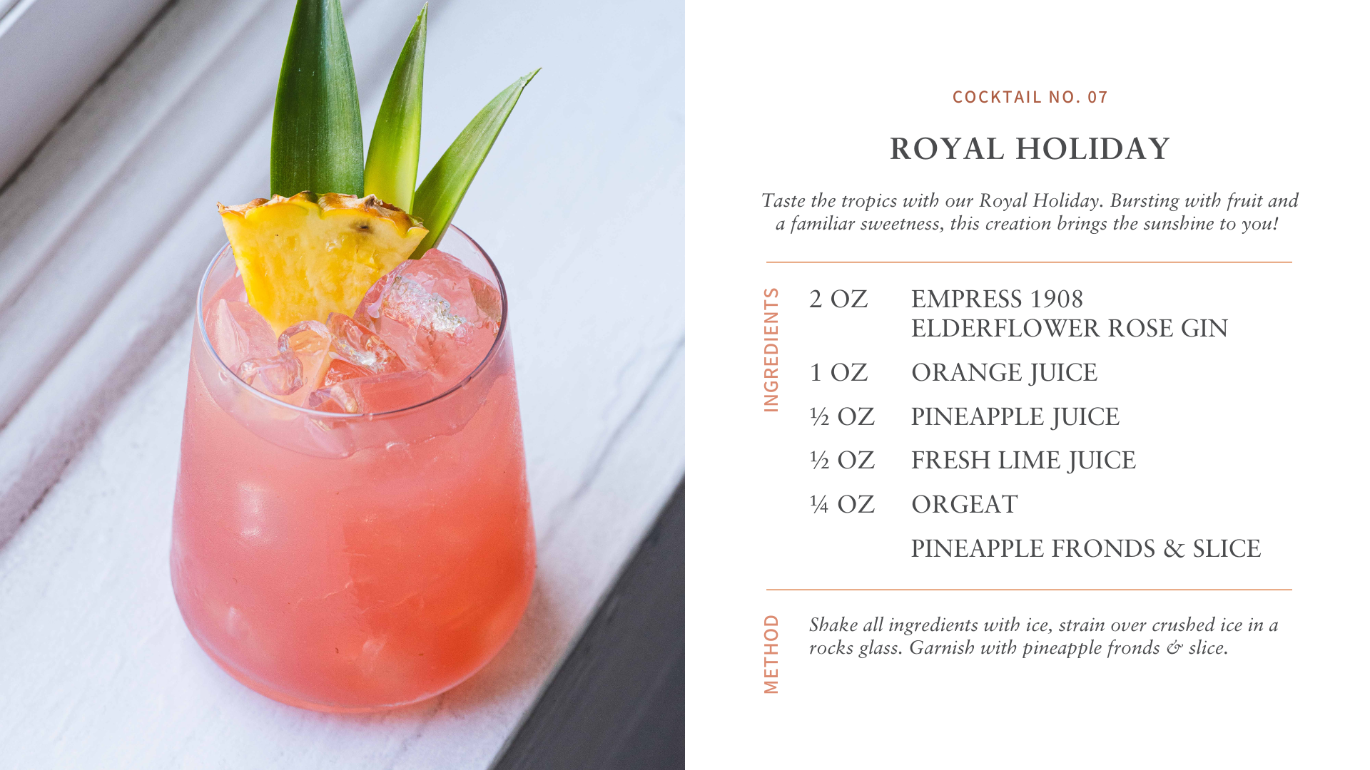 Royal Holiday cocktail featuring Empress 1908 Elderflower Rose Gin with fresh fruit and vibrant colors.