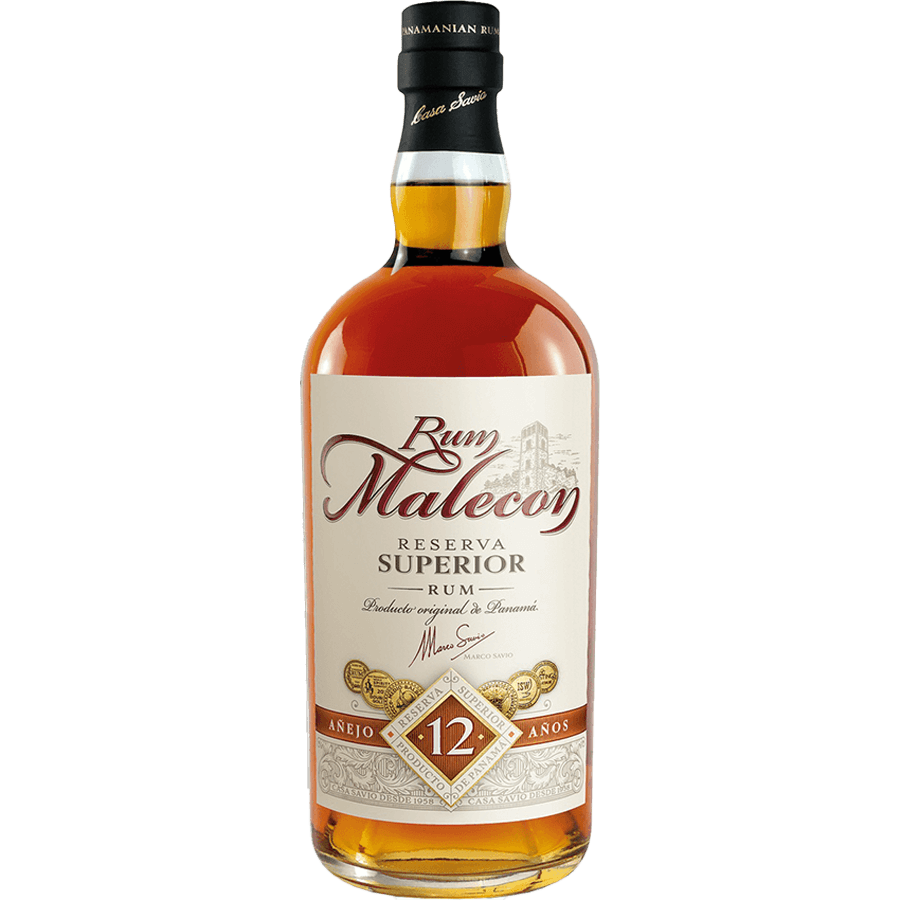 Malecon Reserva Superior 12 Year Rum bottle, showcasing rich amber color and elegant label design.