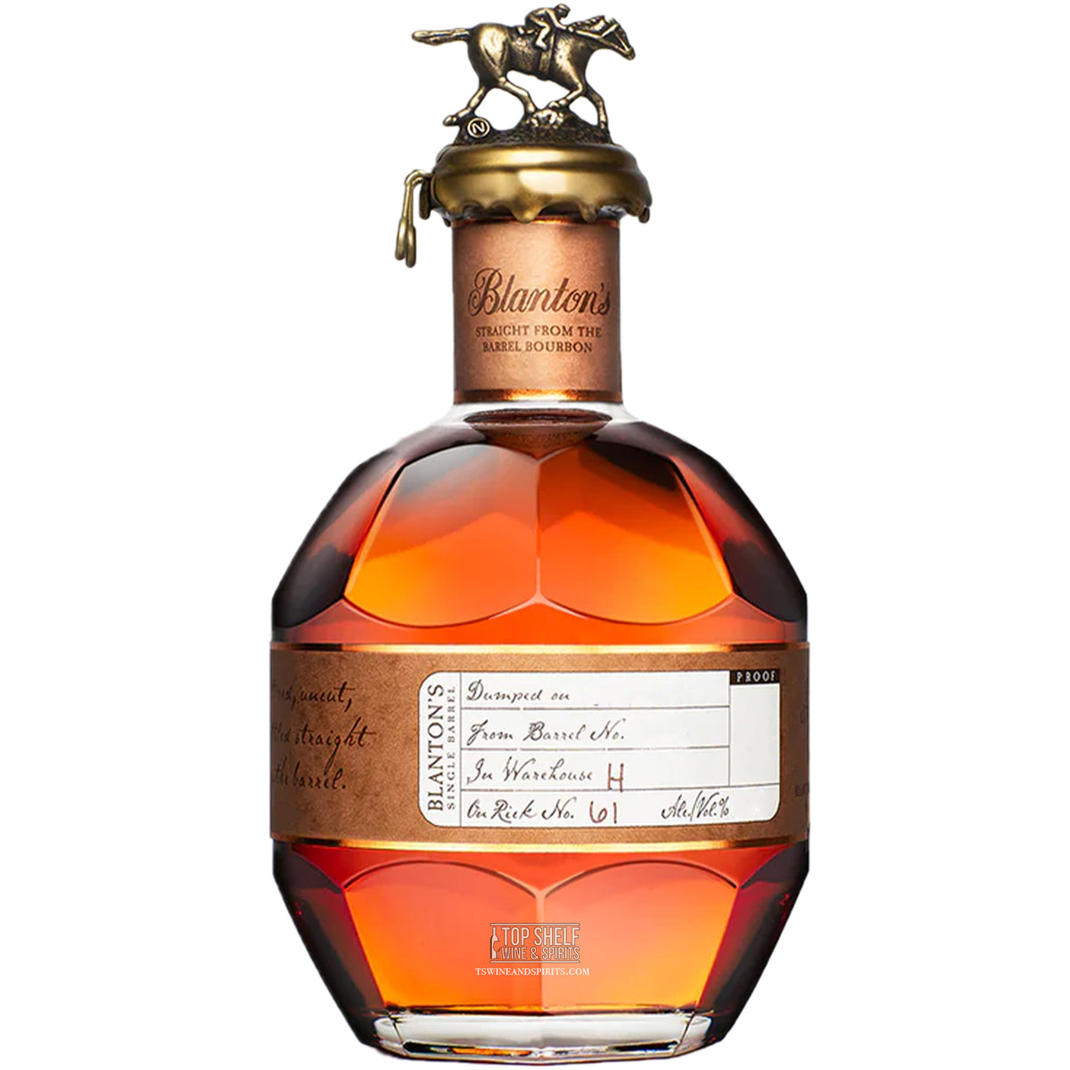 Blanton’s Straight From The Barrel Bourbon 700ml bottle featuring distinctive equestrian stopper.