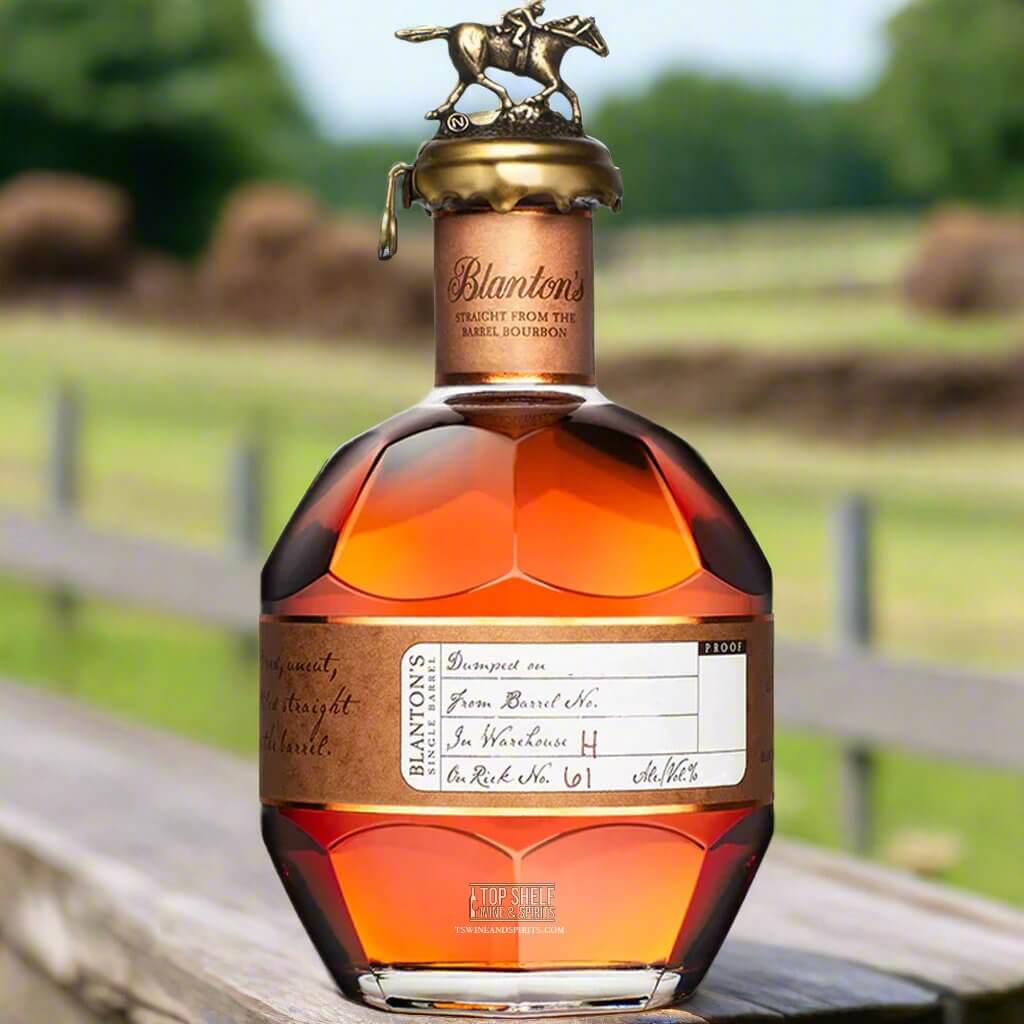 Blanton’s Straight From The Barrel Bourbon bottle featuring iconic horse topper, showcasing rich amber color and label details.
