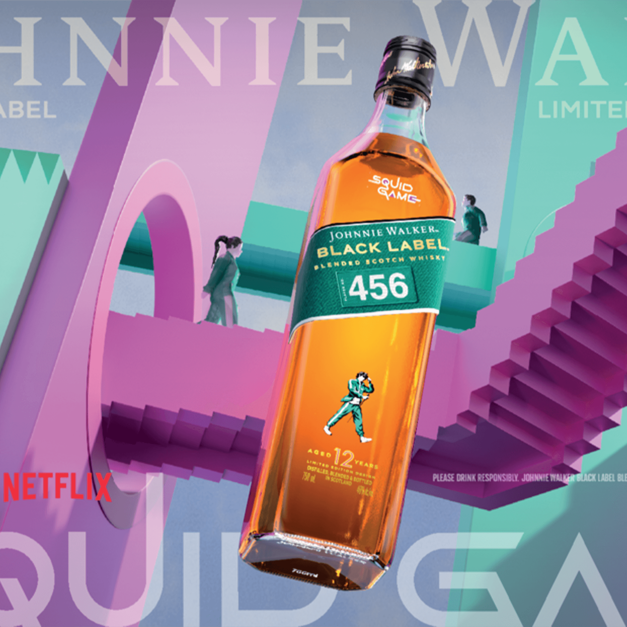 Johnnie Walker Black Label x Squid Games limited edition whisky bottle with vibrant design and colorful background.