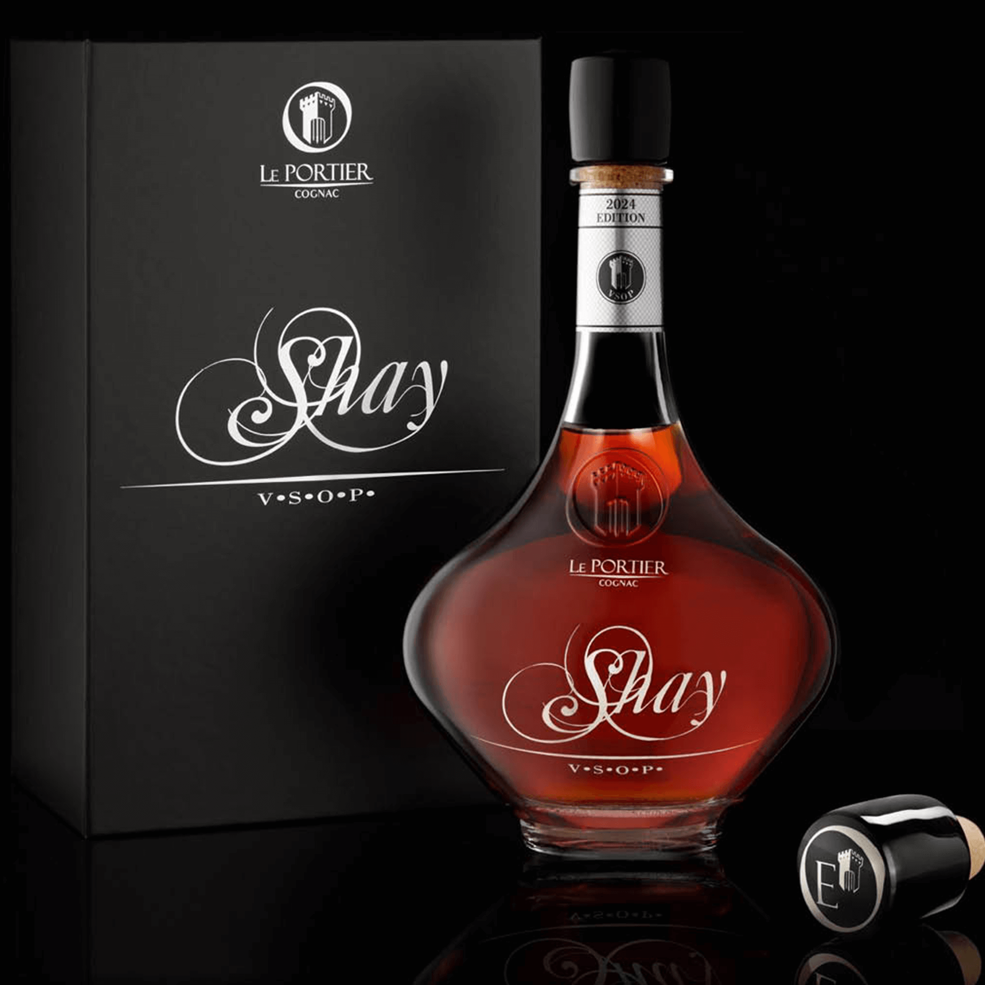 Le Portier Shay Collector Edition 2024 VSOP Cognac bottle and box on a dark background.