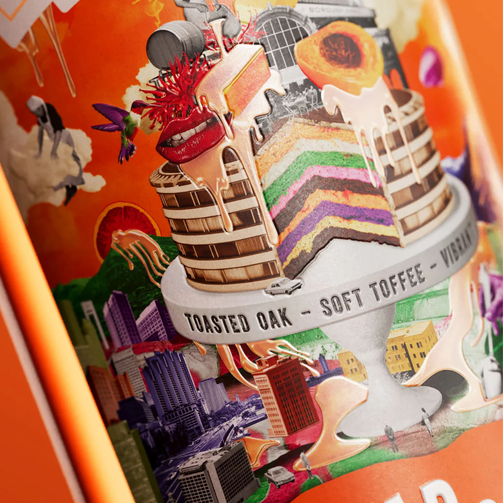 Colorful label design featuring layered cake, toasted oak, and soft toffee notes on a vibrant background.