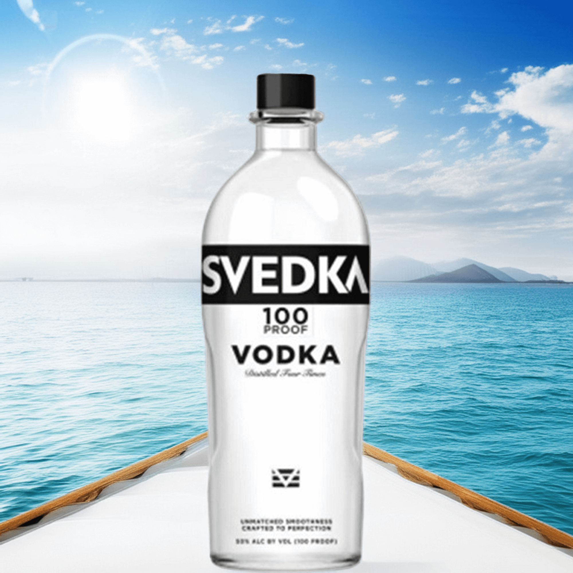 SVEDKA 100 Proof Vodka bottle against a serene ocean backdrop, highlighting its premium quality and smoothness.