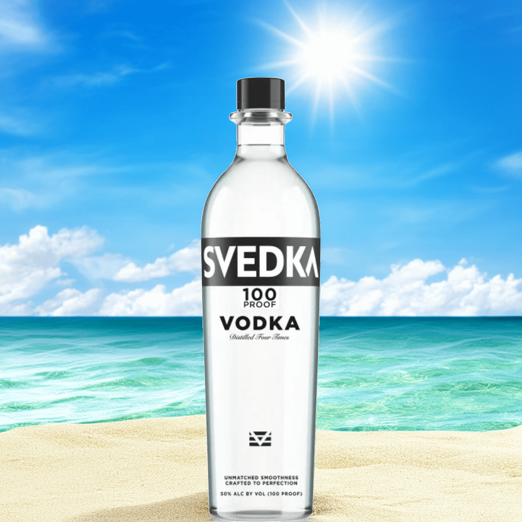 SVEDKA 100 Proof Vodka bottle on a beach with clear blue sky, perfect for cocktails and straight sipping.