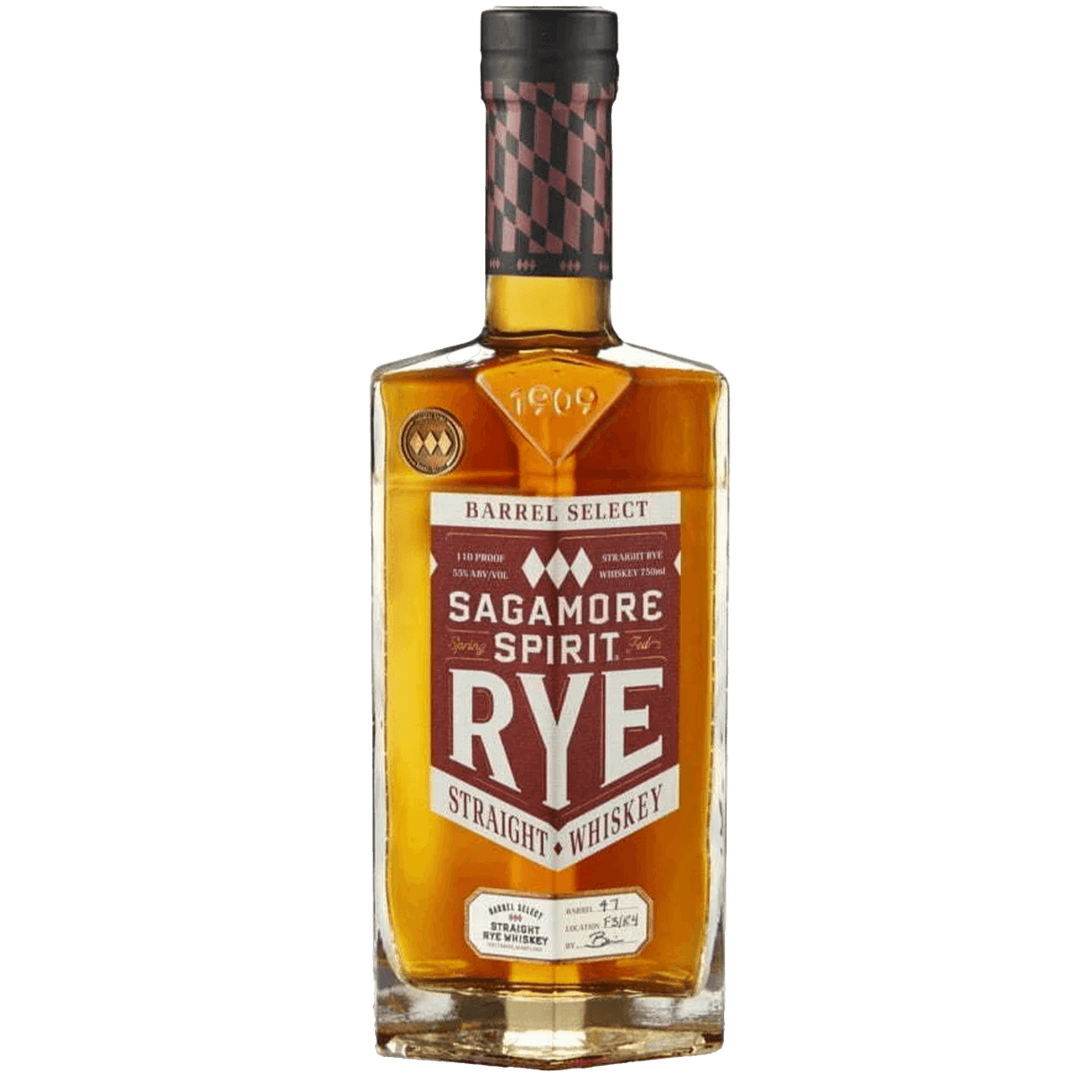 Sagamore Barrel Select Rye Whiskey bottle showcasing unique Maryland-style blend of straight rye whiskies.