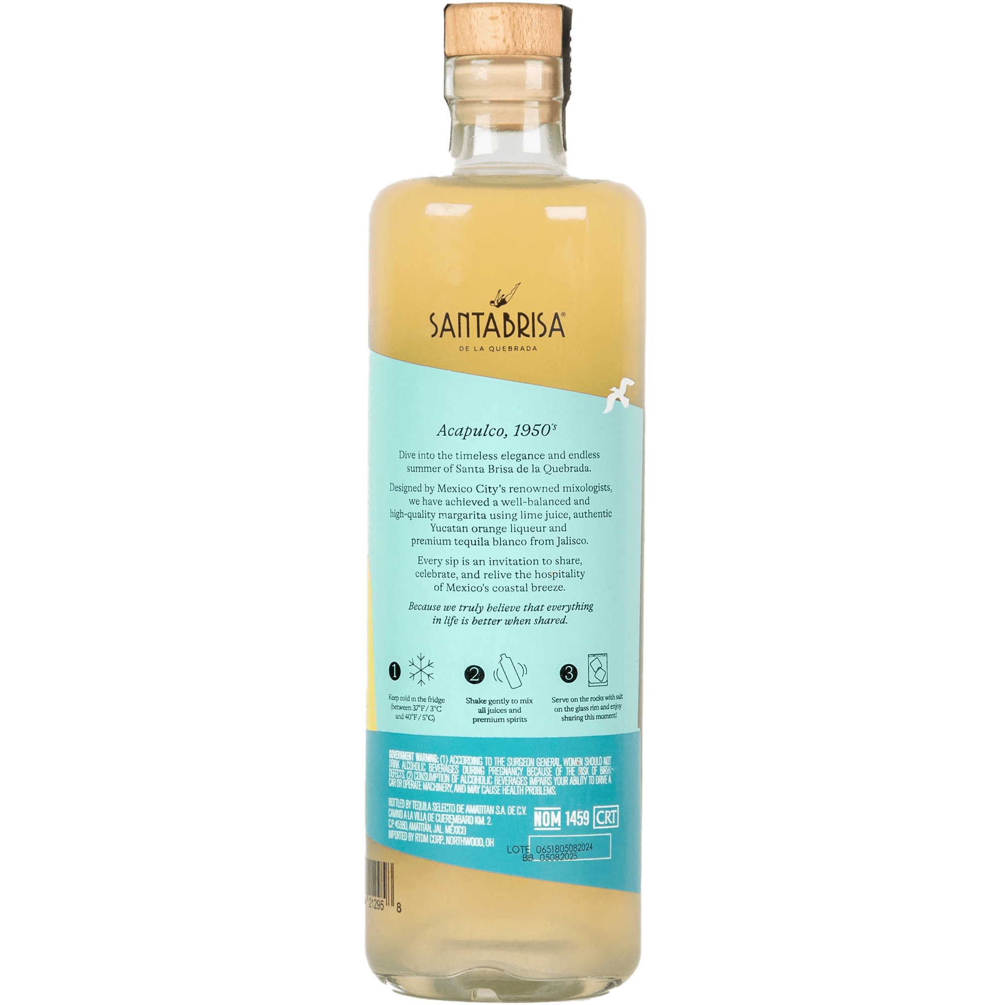 Back view of Santa Brisa Margarita cocktail bottle, showcasing its stylish design and ingredient details.