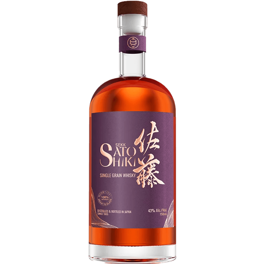 Sato Shiki Single Grain Whisky bottle showcasing rich amber color and elegant label design, distilled in Japan.