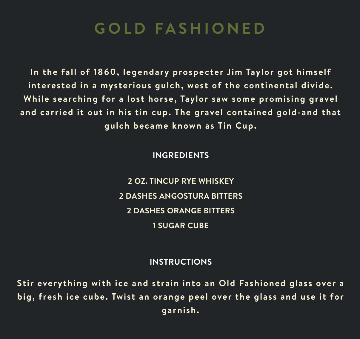 Recipe for a Gold Fashioned cocktail featuring TINCUP Rye Whiskey and ingredients listed on a dark background.