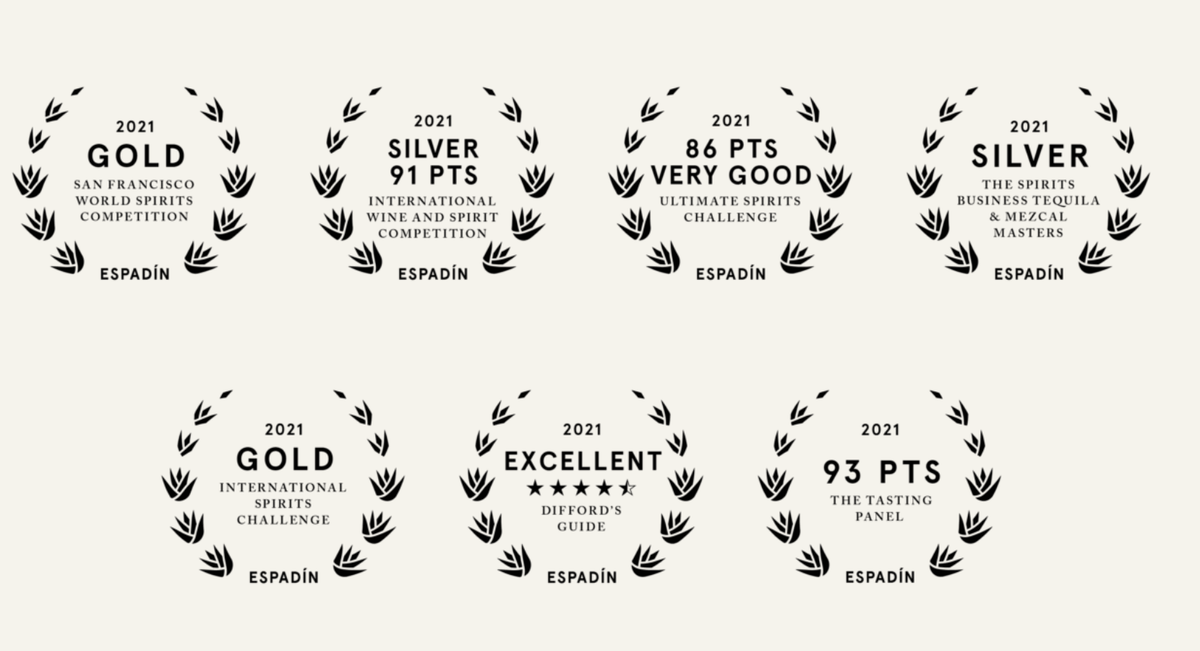 Awards for The Lost Explorer Espadín Mezcal: Gold and Silver medals from various spirits competitions.