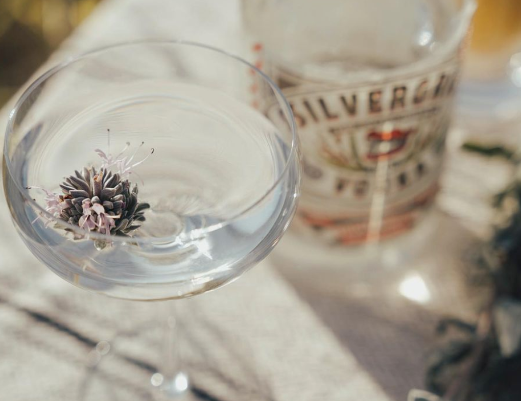 Elegant cocktail featuring Silvergrin Triple Origin Vodka with a floral garnish in a stylish glass.