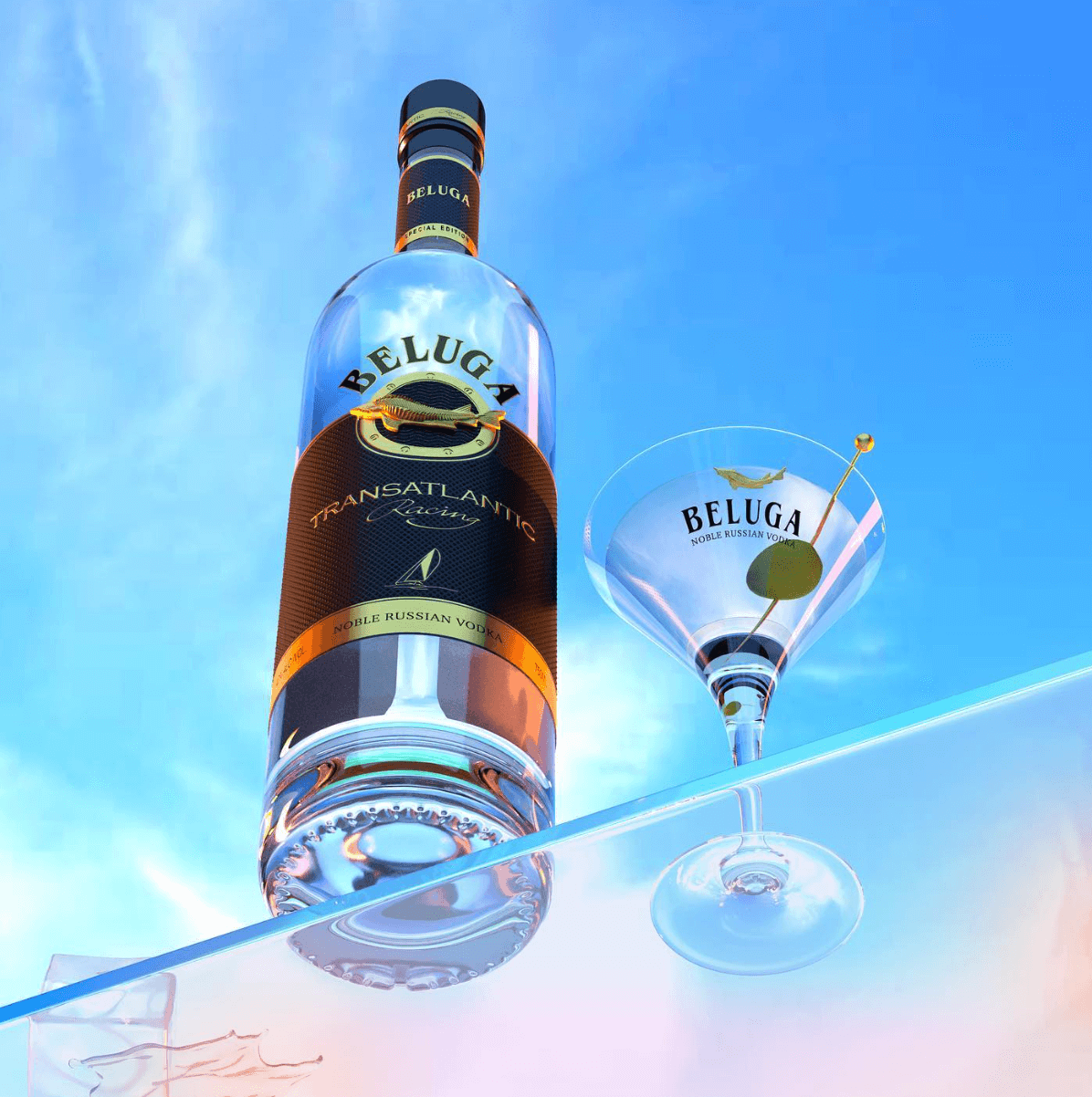 Beluga Transatlantic Vodka bottle with a glass on a reflective surface against a blue sky.