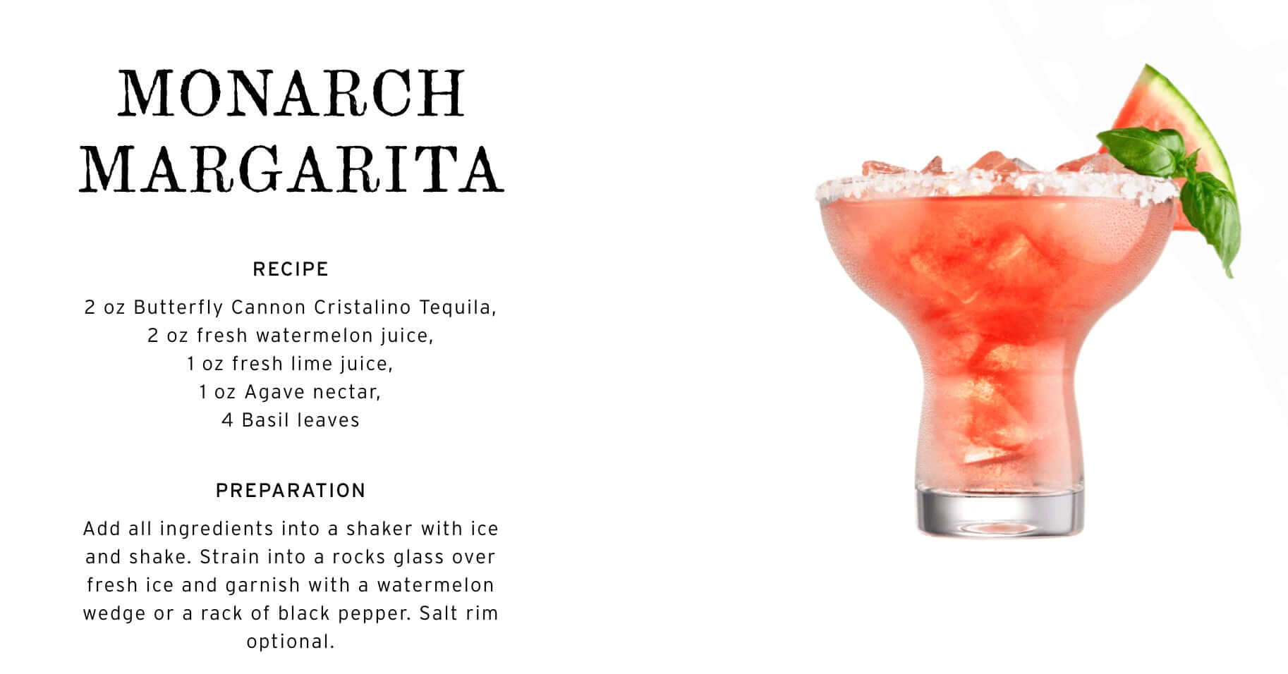 Monarch Margarita cocktail featuring Butterfly Cannon Cristalino tequila, fresh watermelon, lime, agave nectar, and basil.