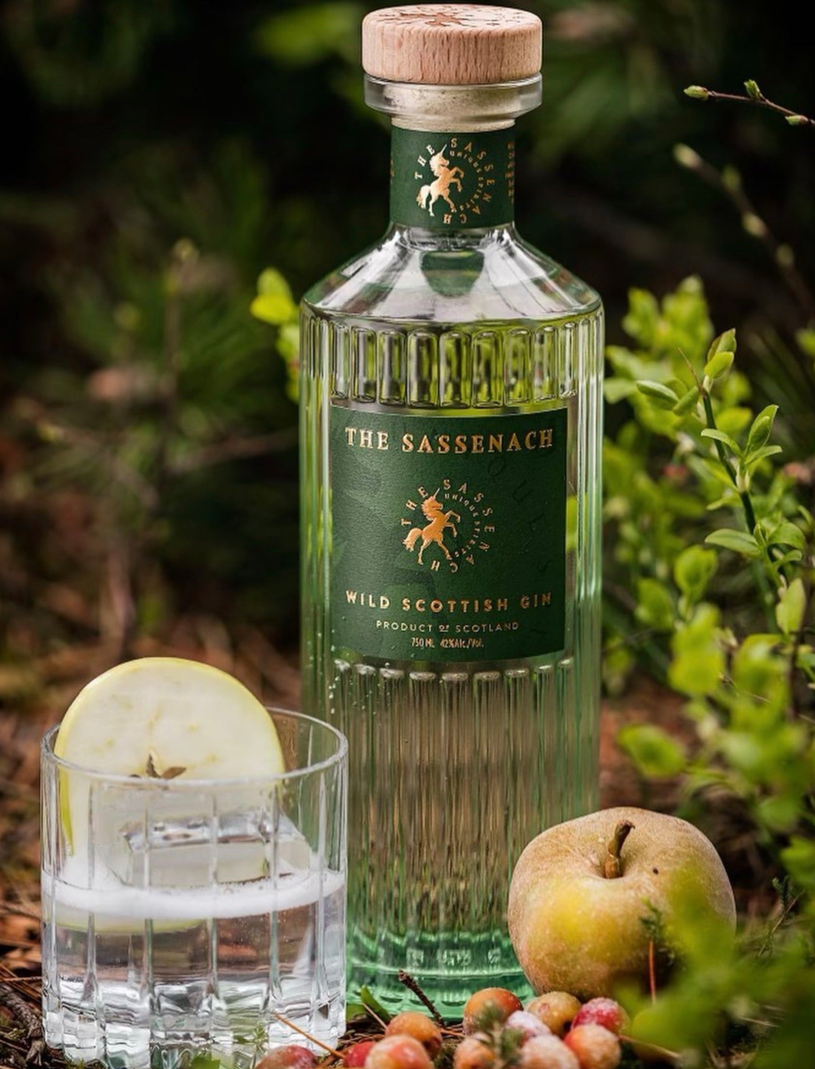 Sassenach Wild Scottish Gin bottle next to fresh apples and a glass of gin, showcasing Scotland's vibrant nature.