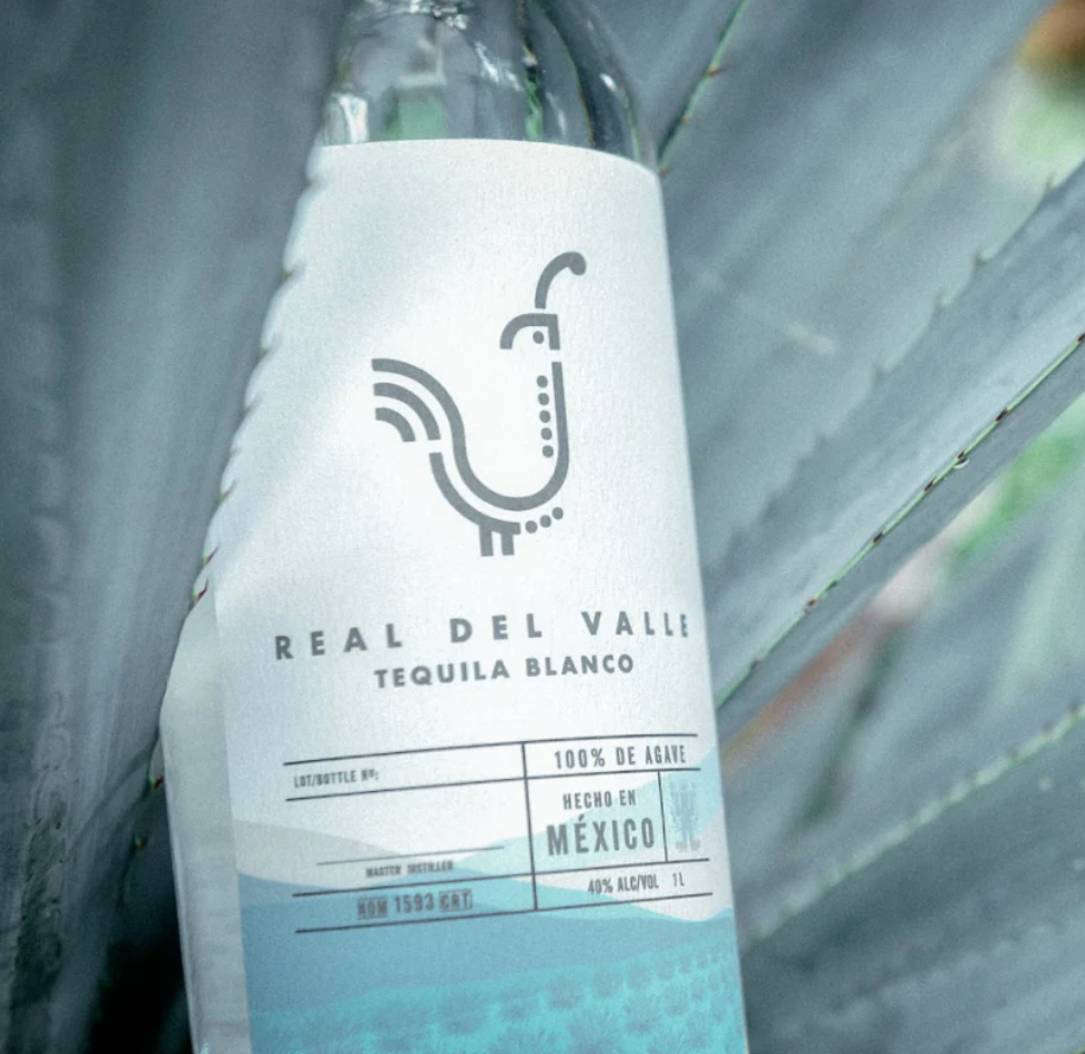 Real Del Valle Blanco Tequila bottle resting among agave leaves, showcasing its 100% agave composition and 40% ABV.