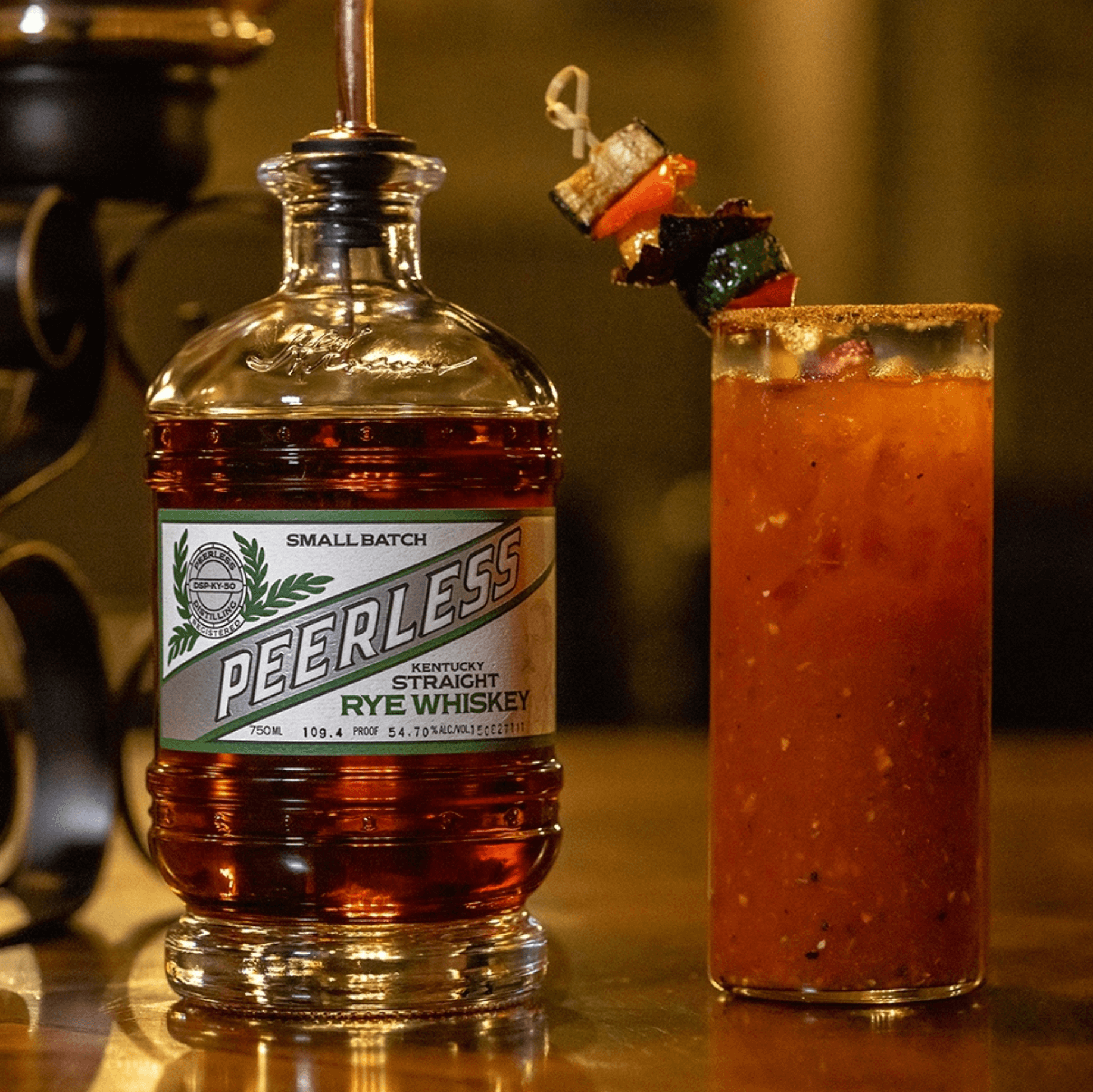 Peerless Kentucky Straight Rye Whiskey bottle with a whiskey cocktail, showcasing rich flavors and smooth finish.