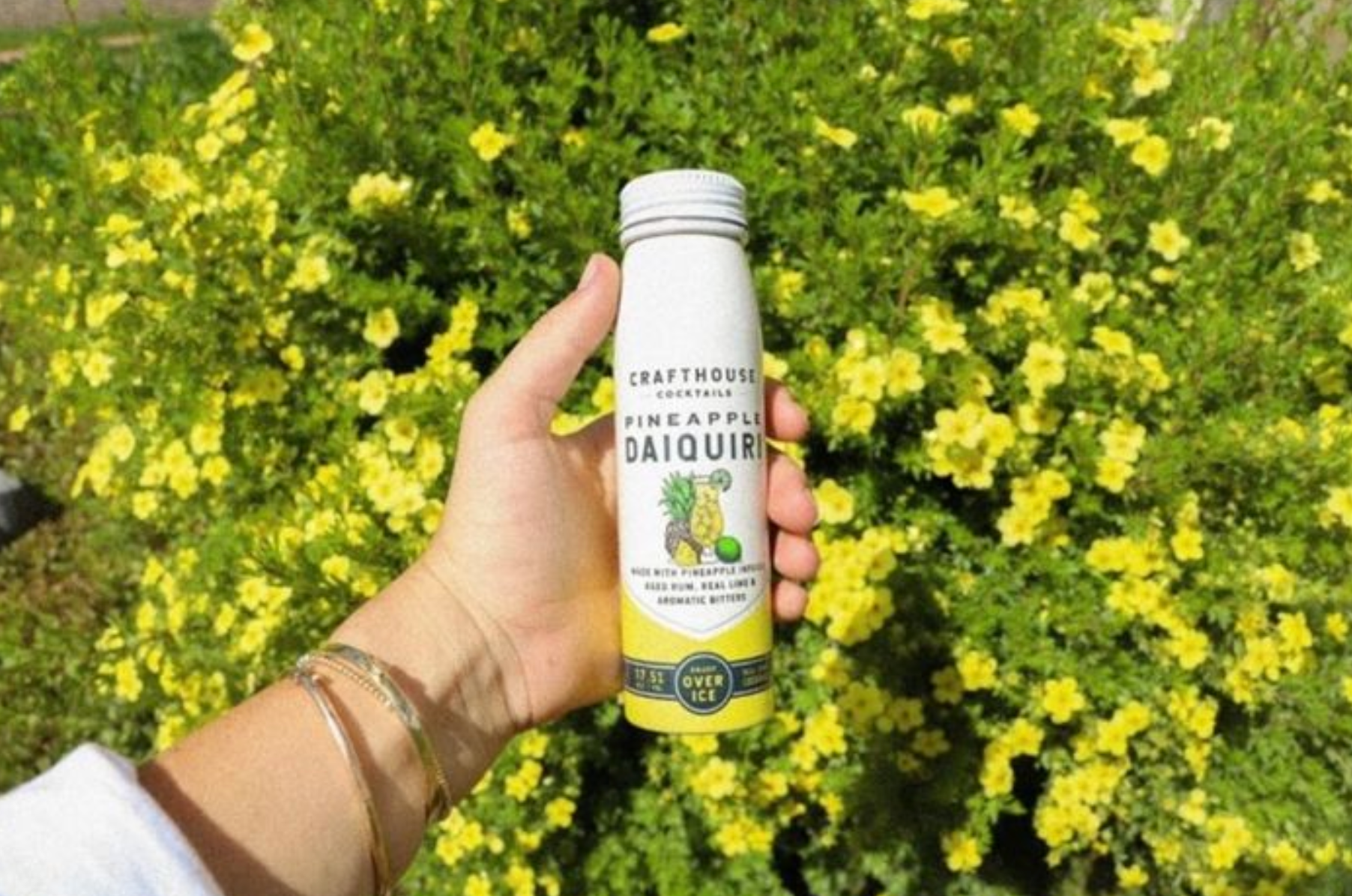 Hand holding Crafthouse Cocktails Pineapple Daiquiri bottle in front of vibrant yellow flowers.