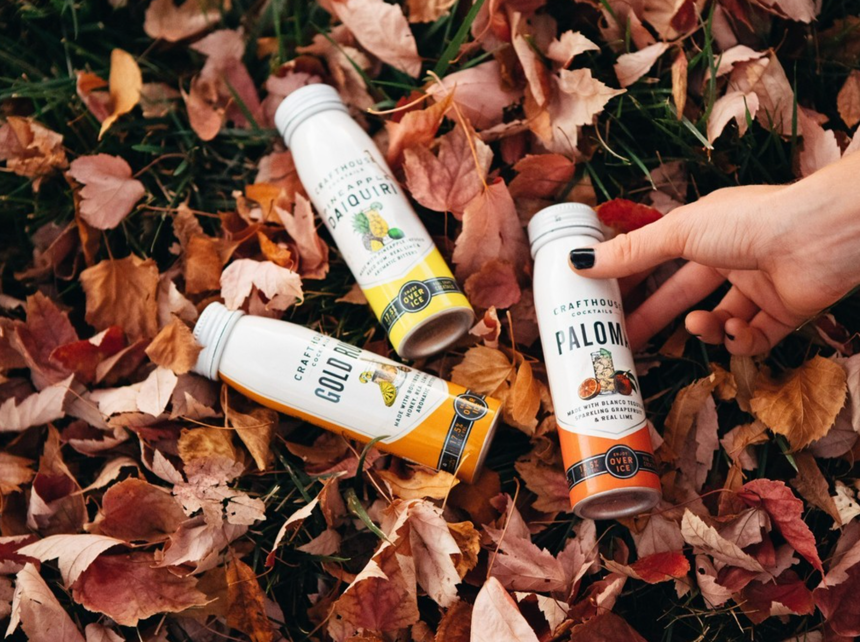 Crafthouse Cocktails Pineapple Daiquiri, Paloma, and Gold on colorful autumn leaves.