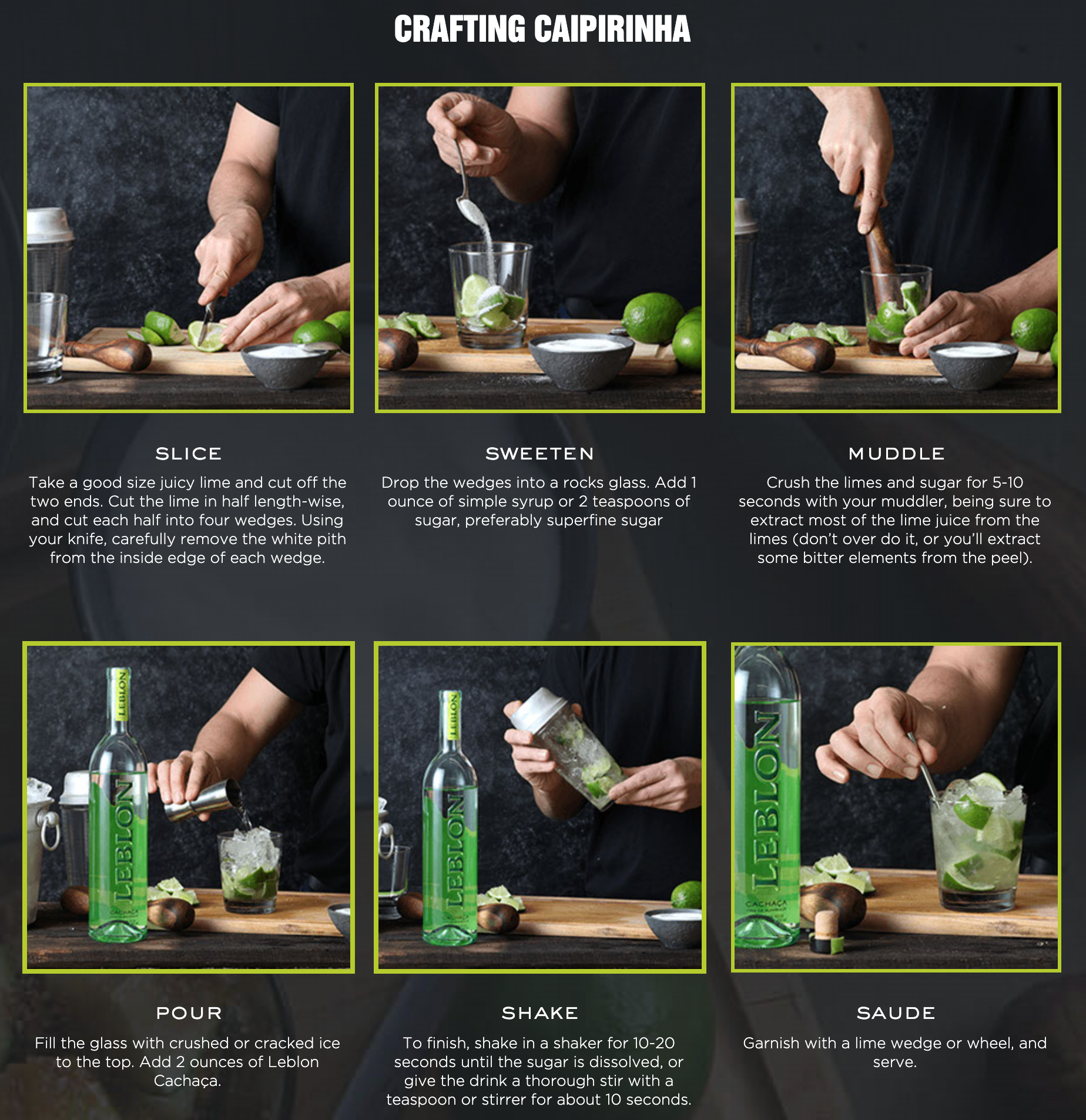 Steps to craft a Caipirinha cocktail with Leblon Cachaça, featuring slicing, muddling, and garnishing ingredients.