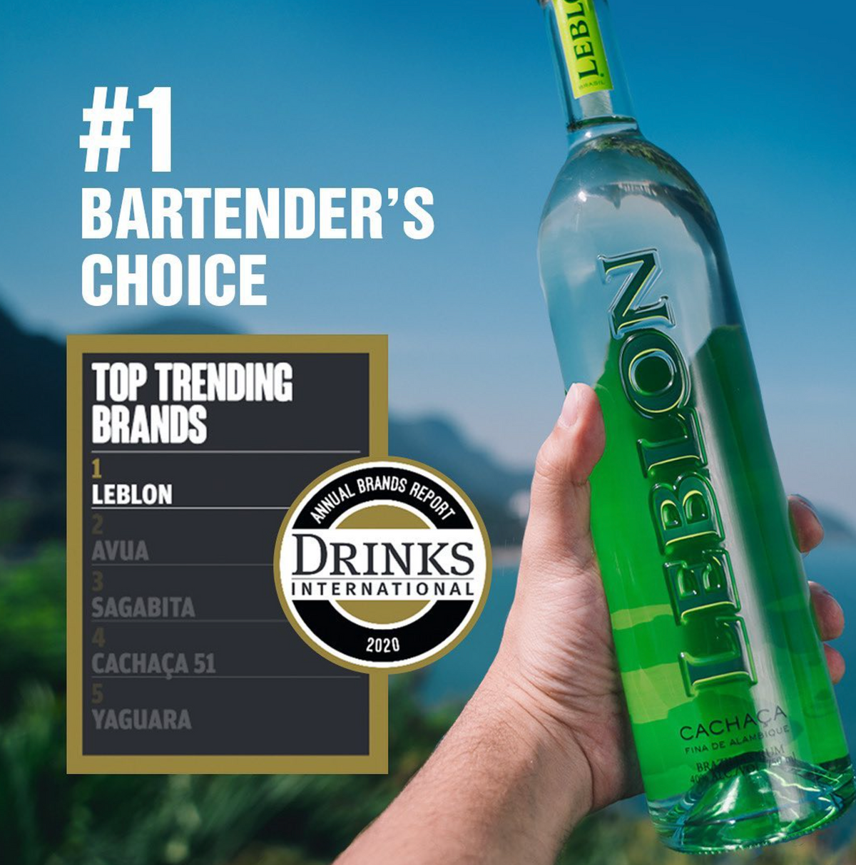Bottle of Leblon Cachaça, ranked #1 Bartender's Choice in Drinks International Annual Brands Report 2020.